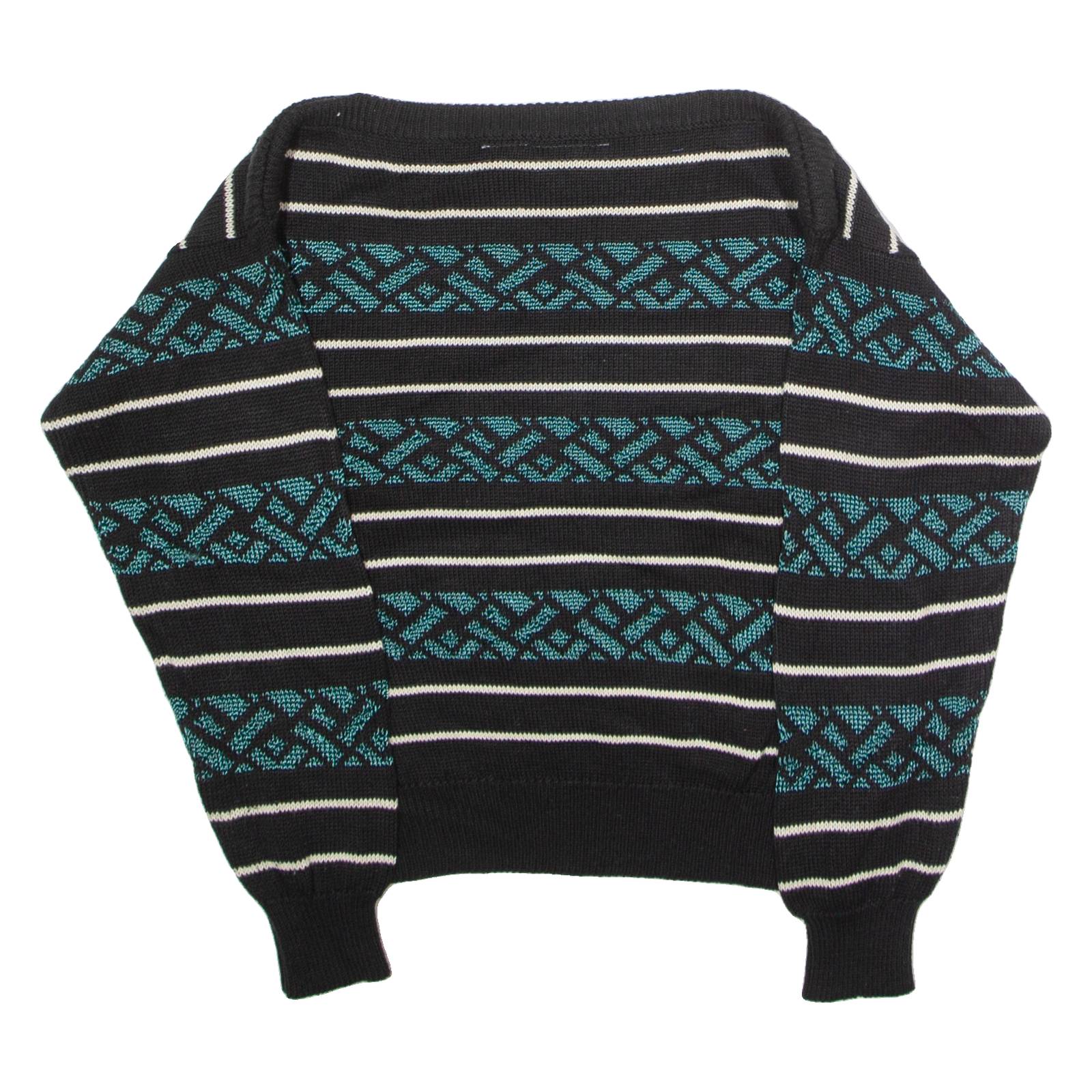 WEATHERVANE Womens Patterned Jumper Black Striped Crew Neck 90s L