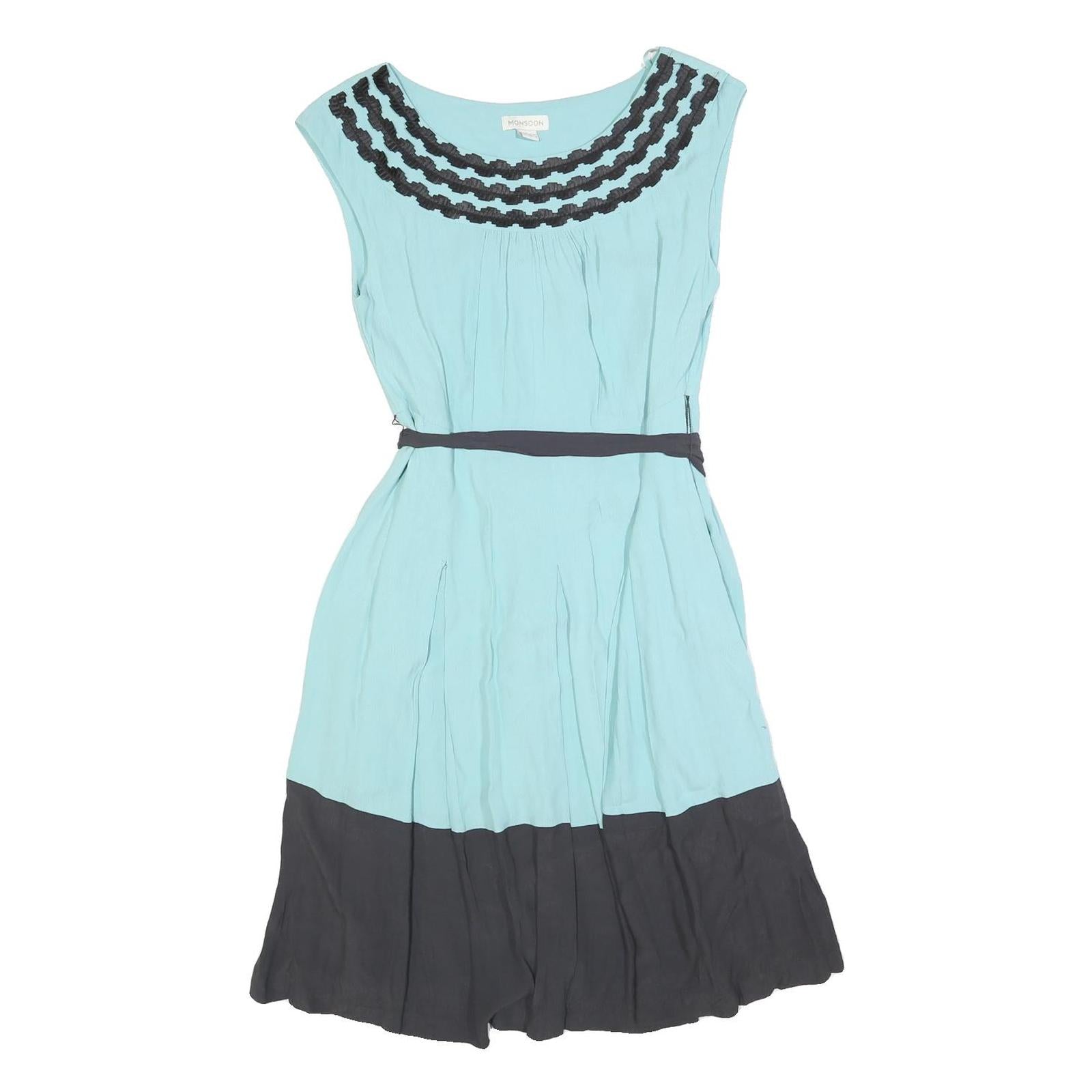 MONSOON Womens Blue & Black Fit & Flare Viscose Midi Dress UK 12 Belted Round