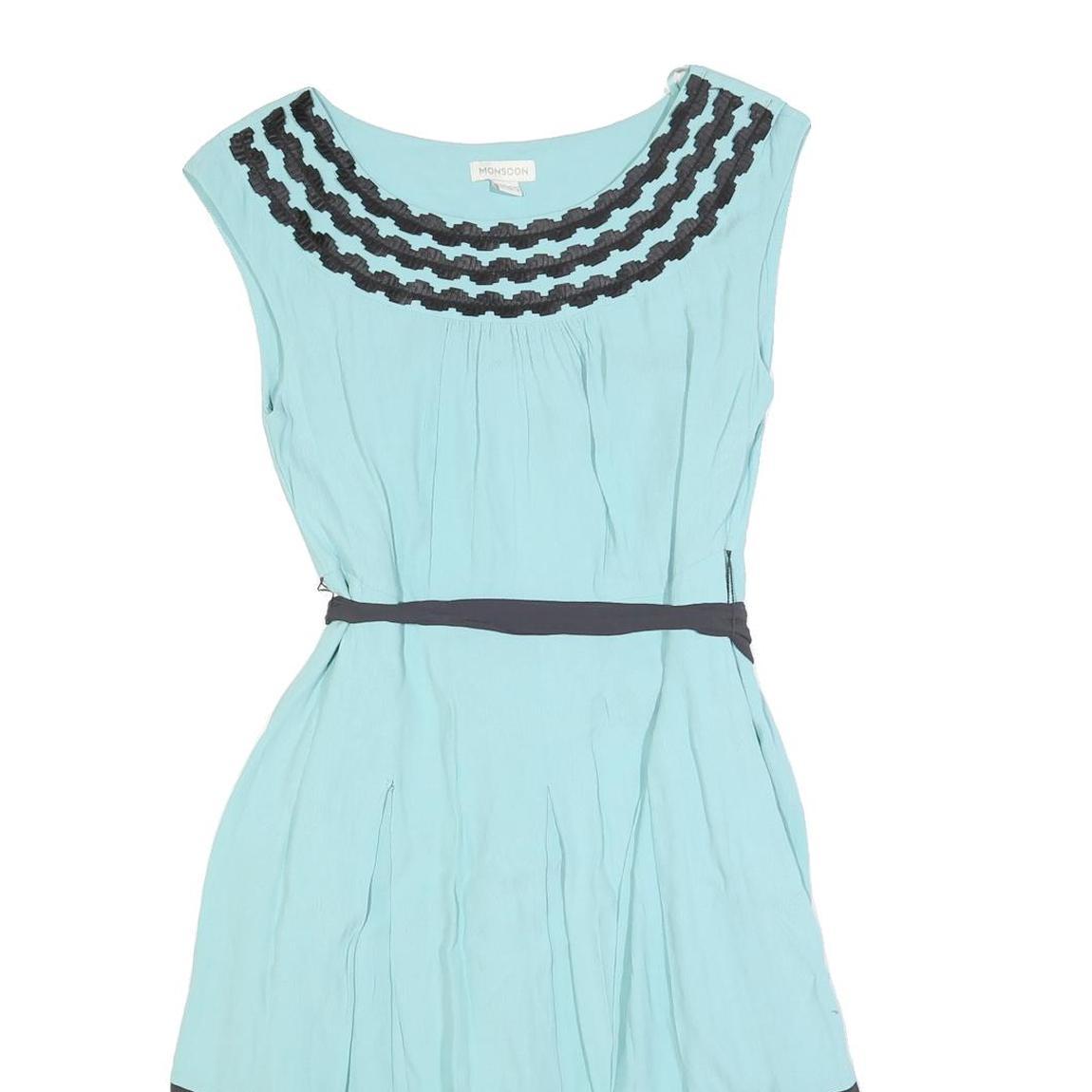 MONSOON Womens Blue & Black Fit & Flare Viscose Midi Dress UK 12 Belted Round