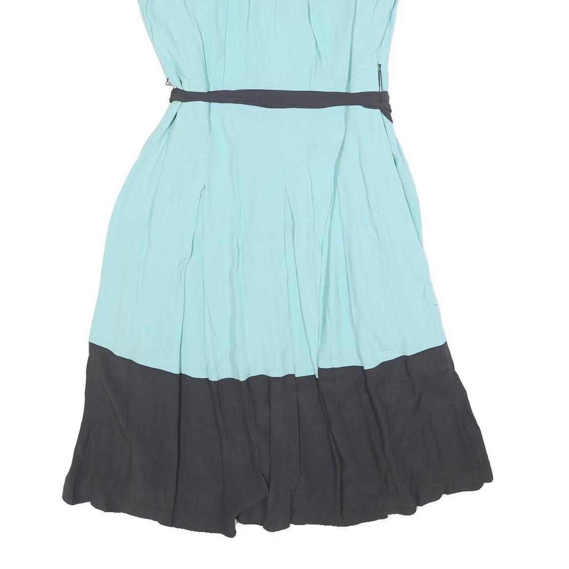 MONSOON Womens Blue & Black Fit & Flare Viscose Midi Dress UK 12 Belted Round