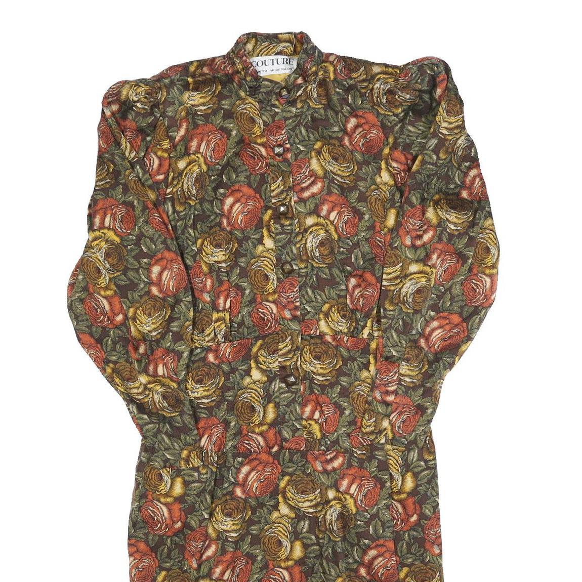 COUTURE Womens Green & Brown Floral Shift Cotton Blend Dress Size S Elegant Fall