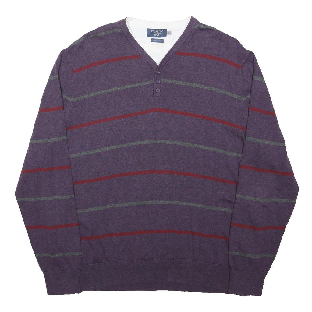 ATLANTIC BAY Mens Purple & Red Patterned V-Neck Basic Knit 2XL Jumper Cotton
