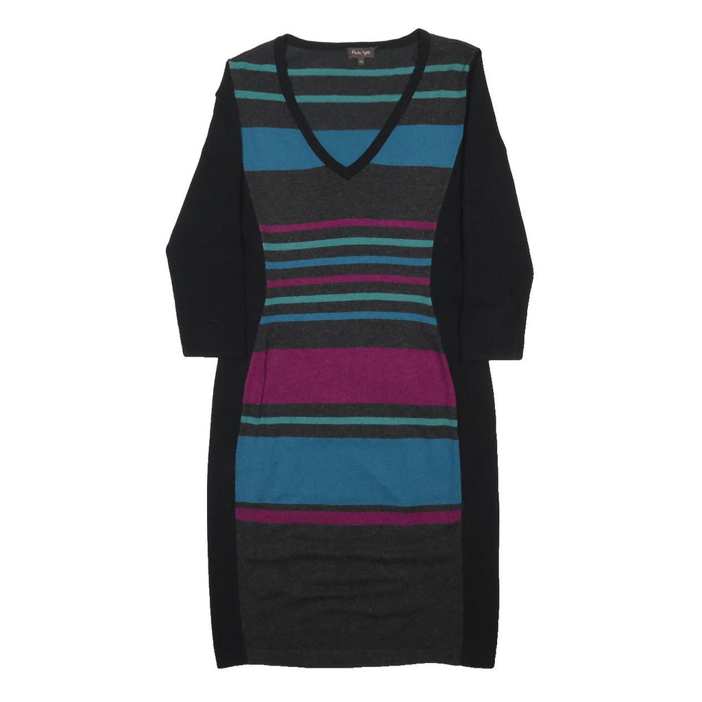 PHASE EIGHT Womens Black & Dark Grey Striped V-Neck Wool Blend Bodycon Dress UK