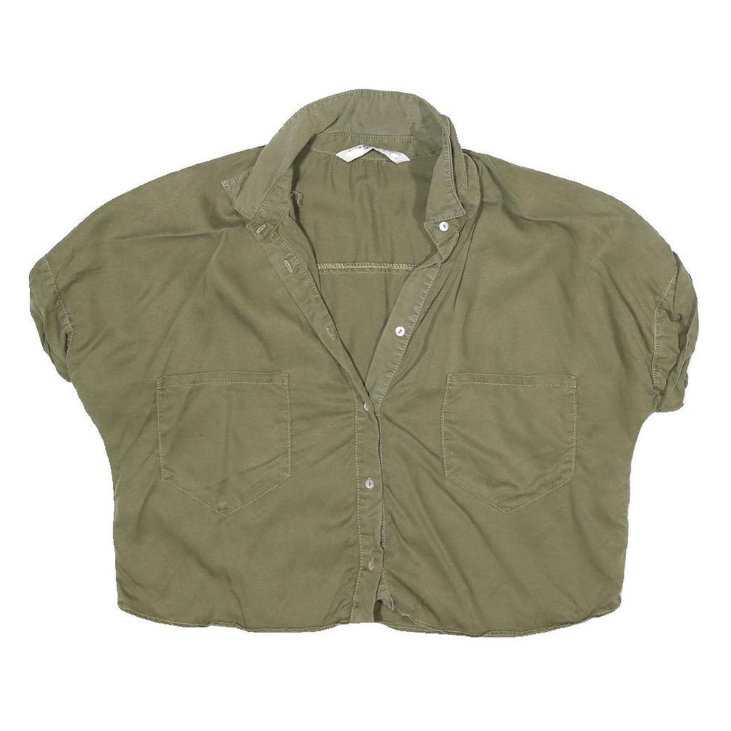 ZARA Womens Green Basic Shirt Short Sleeve Collared S Cotton Blend Casual