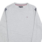 TOMMY HILFIGER Mens Grey Crew Neck Sweatshirt S Logo Tape Sleeves Cotton Blend