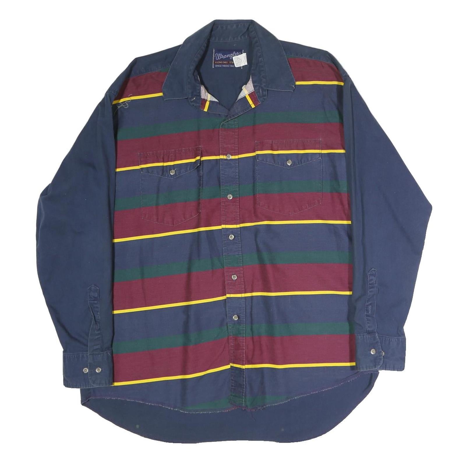 WRANGLER Mens Navy Blue & Burgundy Striped Cotton Shirt XL Long Sleeve Button