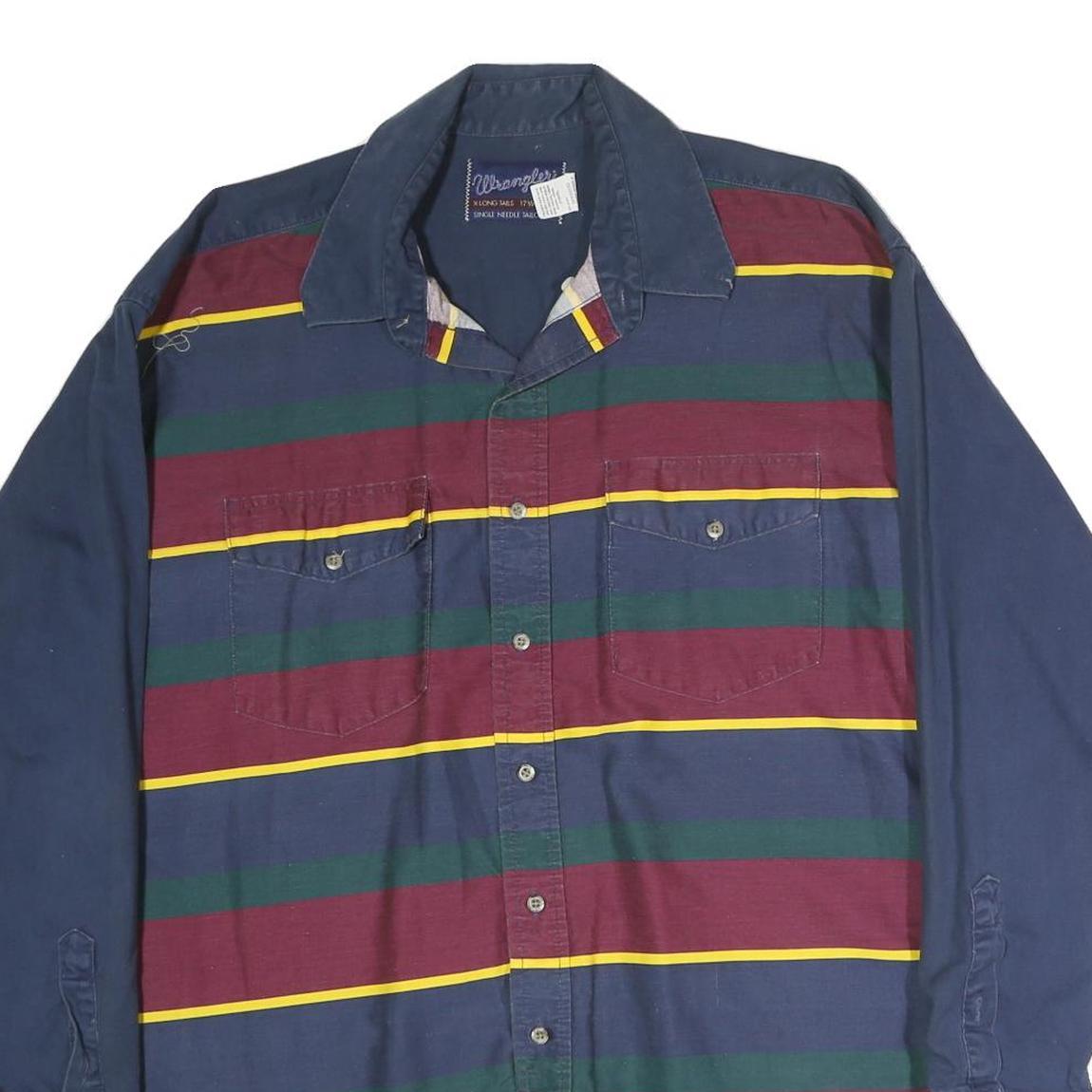 WRANGLER Mens Navy Blue & Burgundy Striped Cotton Shirt XL Long Sleeve Button