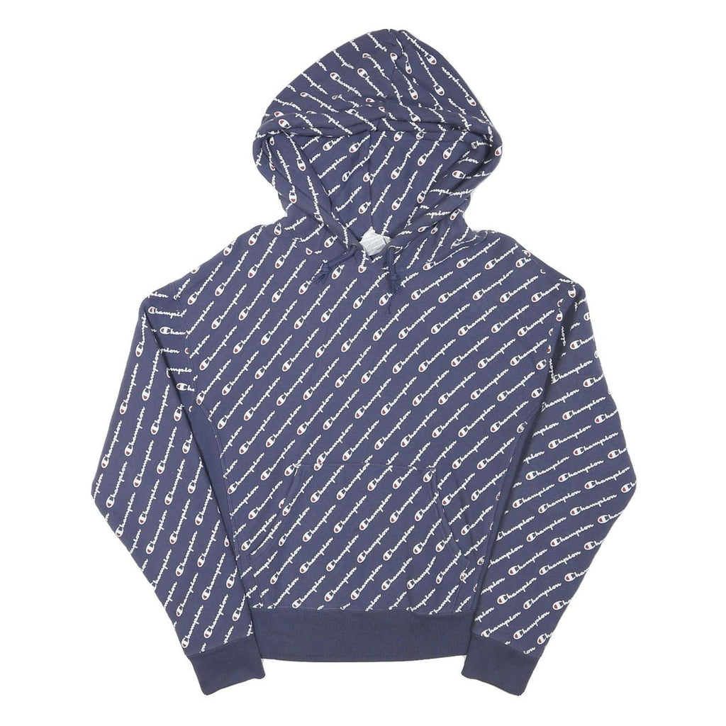 CHAMPION Mens Navy Blue All Over Logo Pullover Hoodie M Cotton Blend