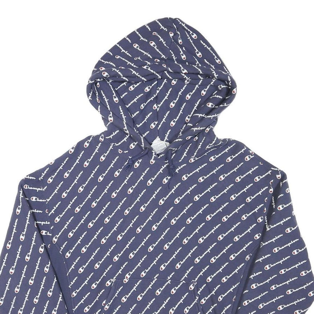 CHAMPION Mens Navy Blue All Over Logo Pullover Hoodie M Cotton Blend