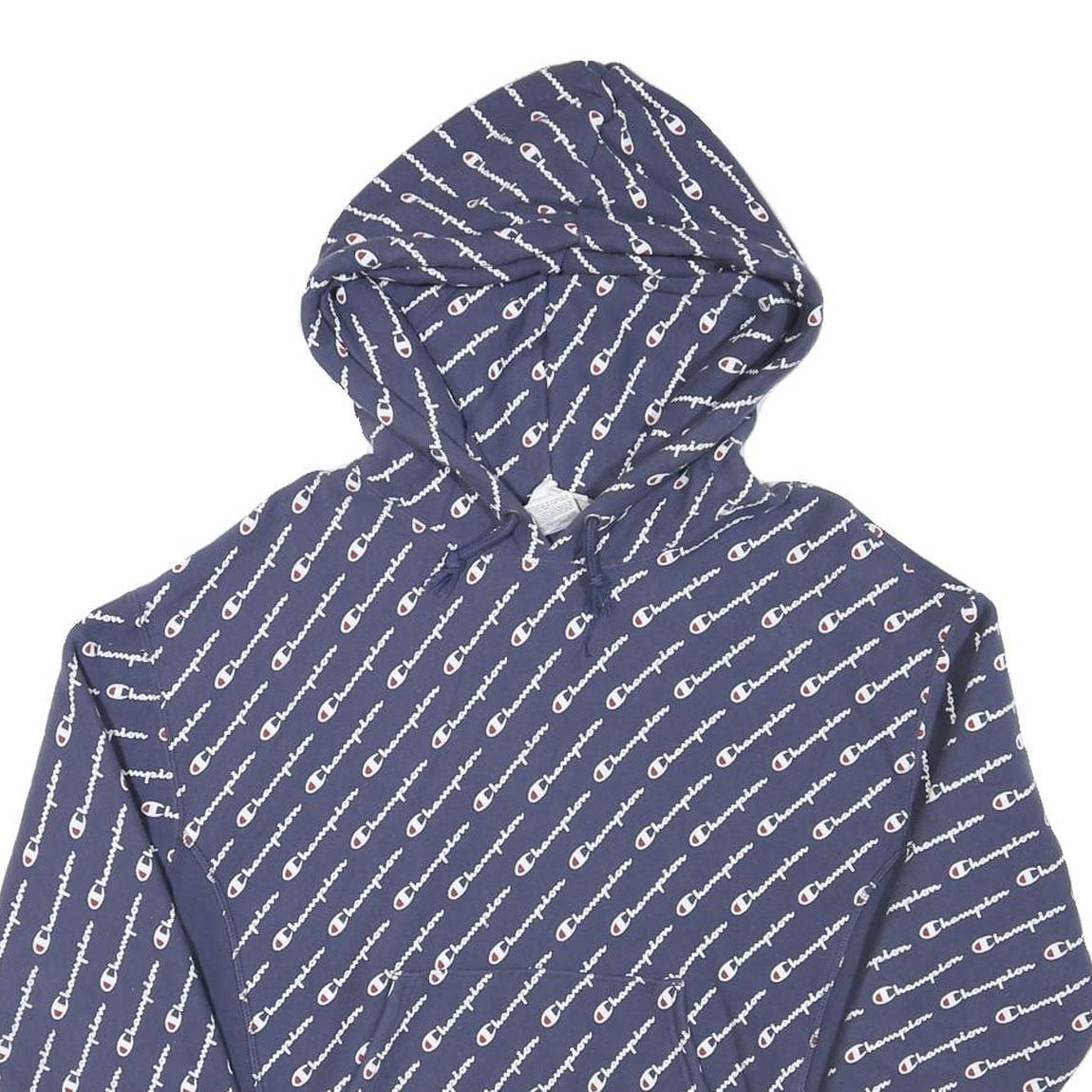 CHAMPION Mens Navy Blue All Over Logo Pullover Hoodie M Cotton Blend