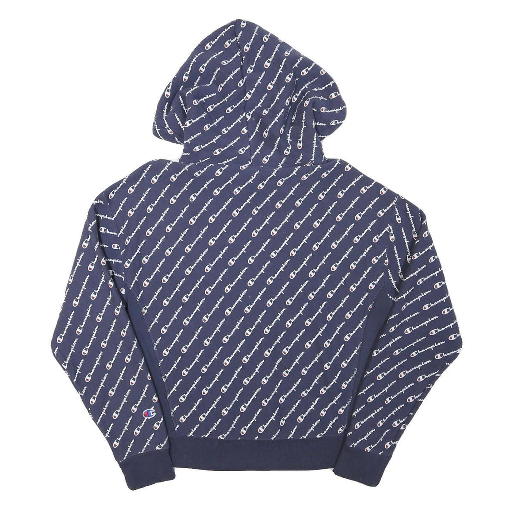 CHAMPION Mens Navy Blue All Over Logo Pullover Hoodie M Cotton Blend