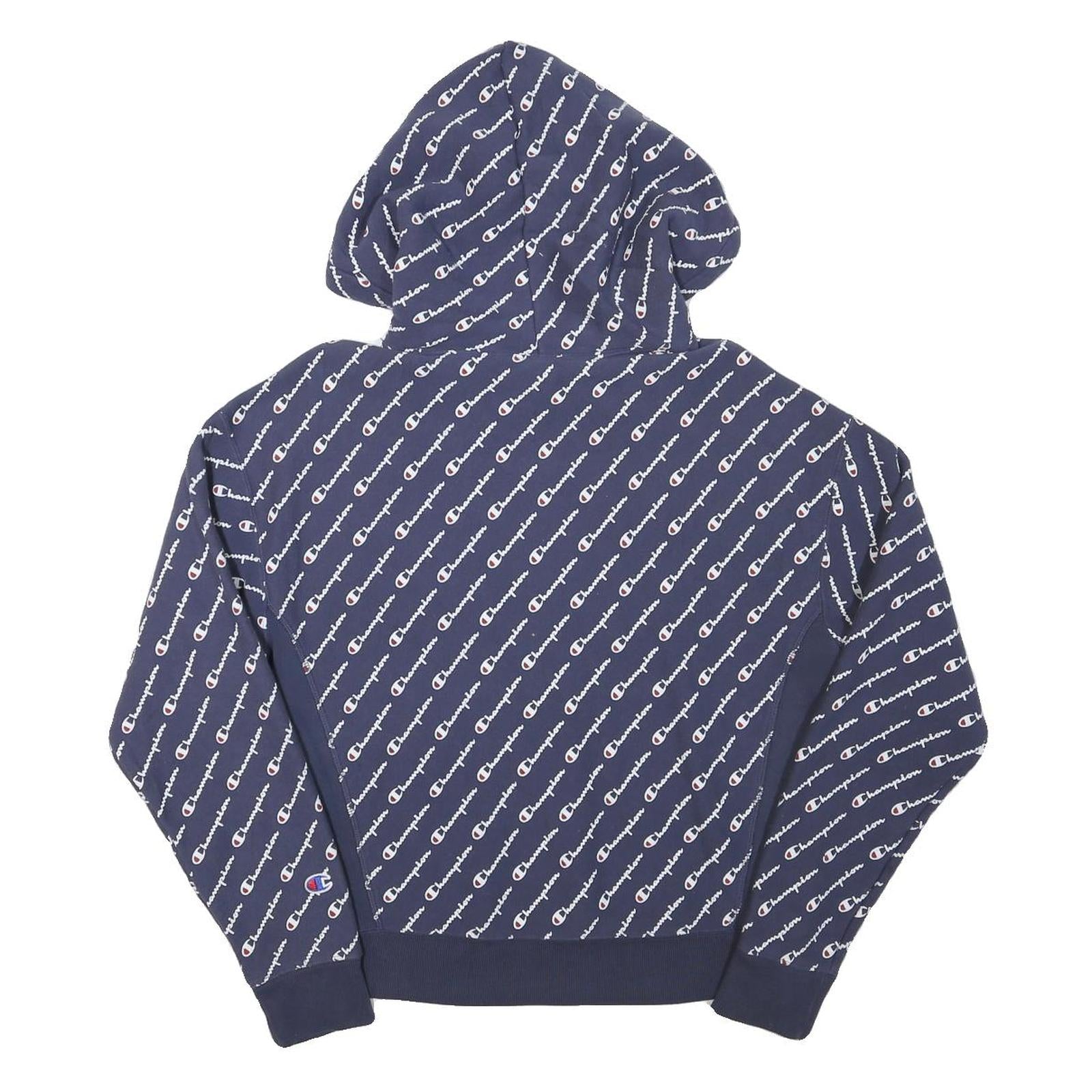 CHAMPION Mens Navy Blue All Over Logo Pullover Hoodie M Cotton Blend