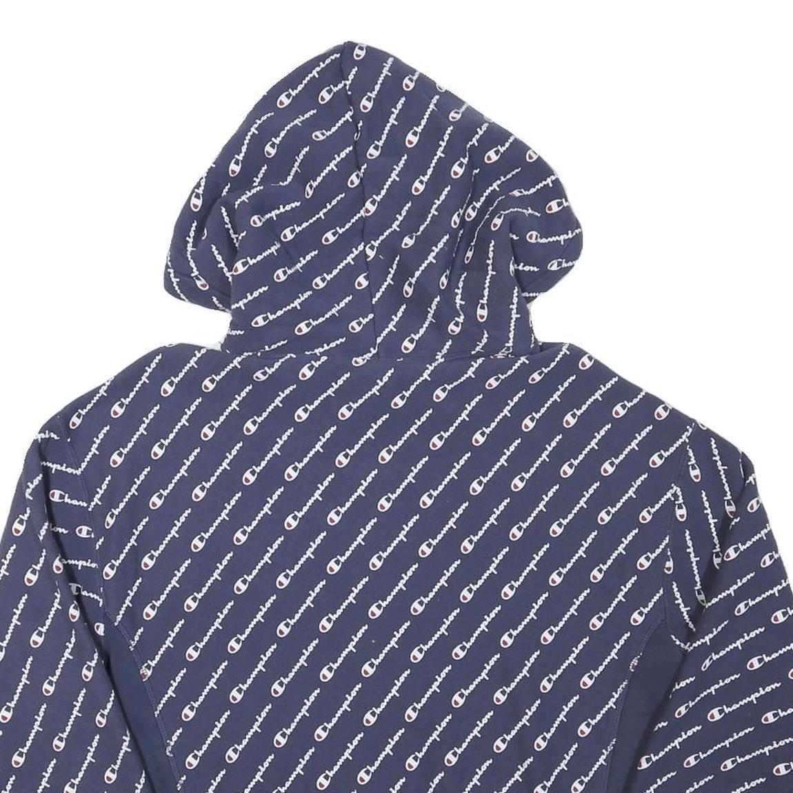 CHAMPION Mens Navy Blue All Over Logo Pullover Hoodie M Cotton Blend