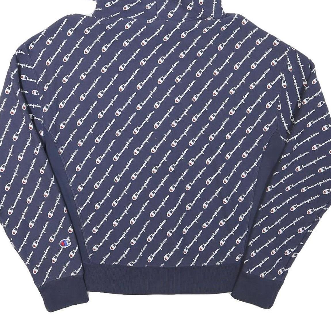 CHAMPION Mens Navy Blue All Over Logo Pullover Hoodie M Cotton Blend