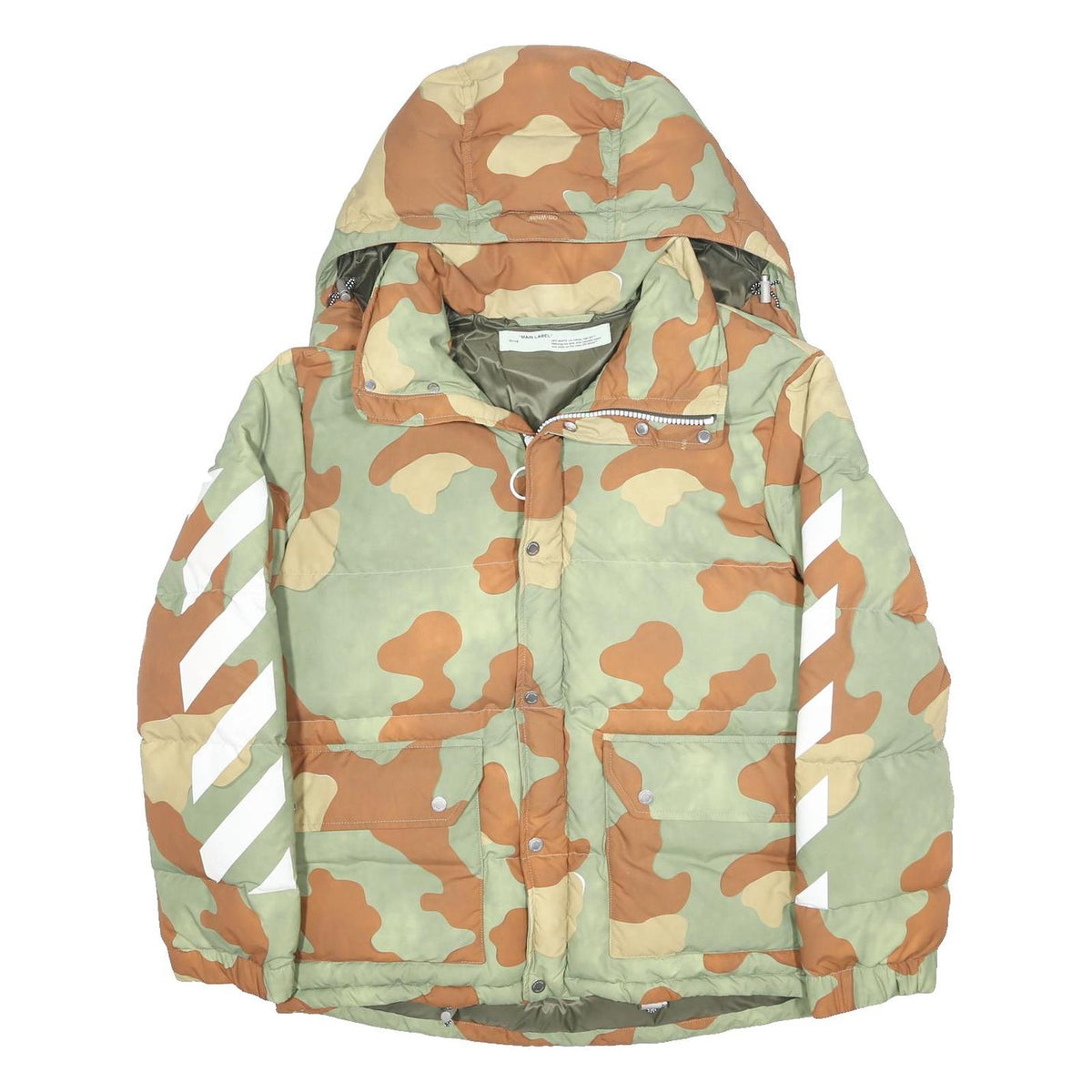 OFF-WHITE Mens Green & Brown Camouflage Puffer Jacket S Polyamide Zip Hooded