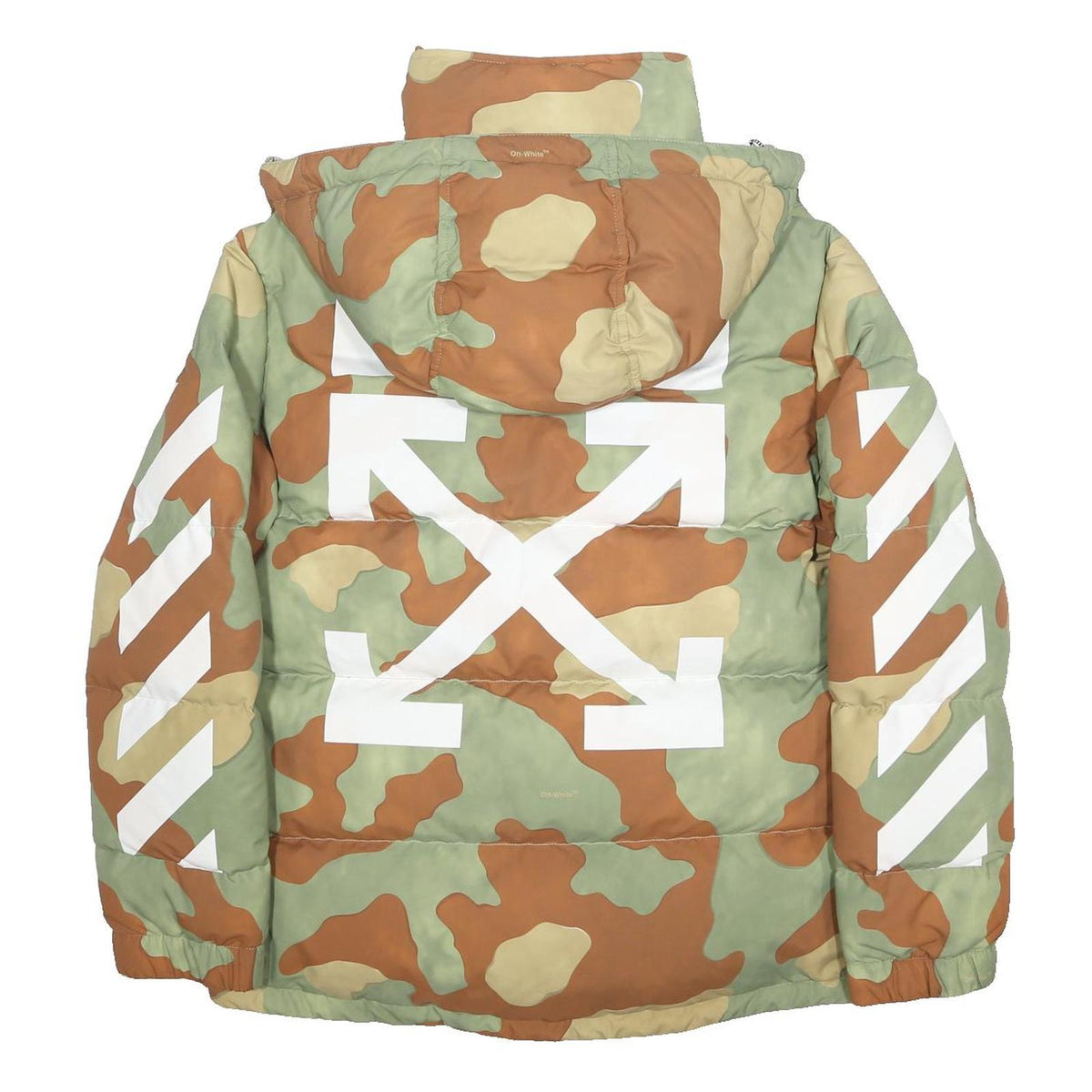 OFF-WHITE Mens Green & Brown Camouflage Puffer Jacket S Polyamide Zip Hooded