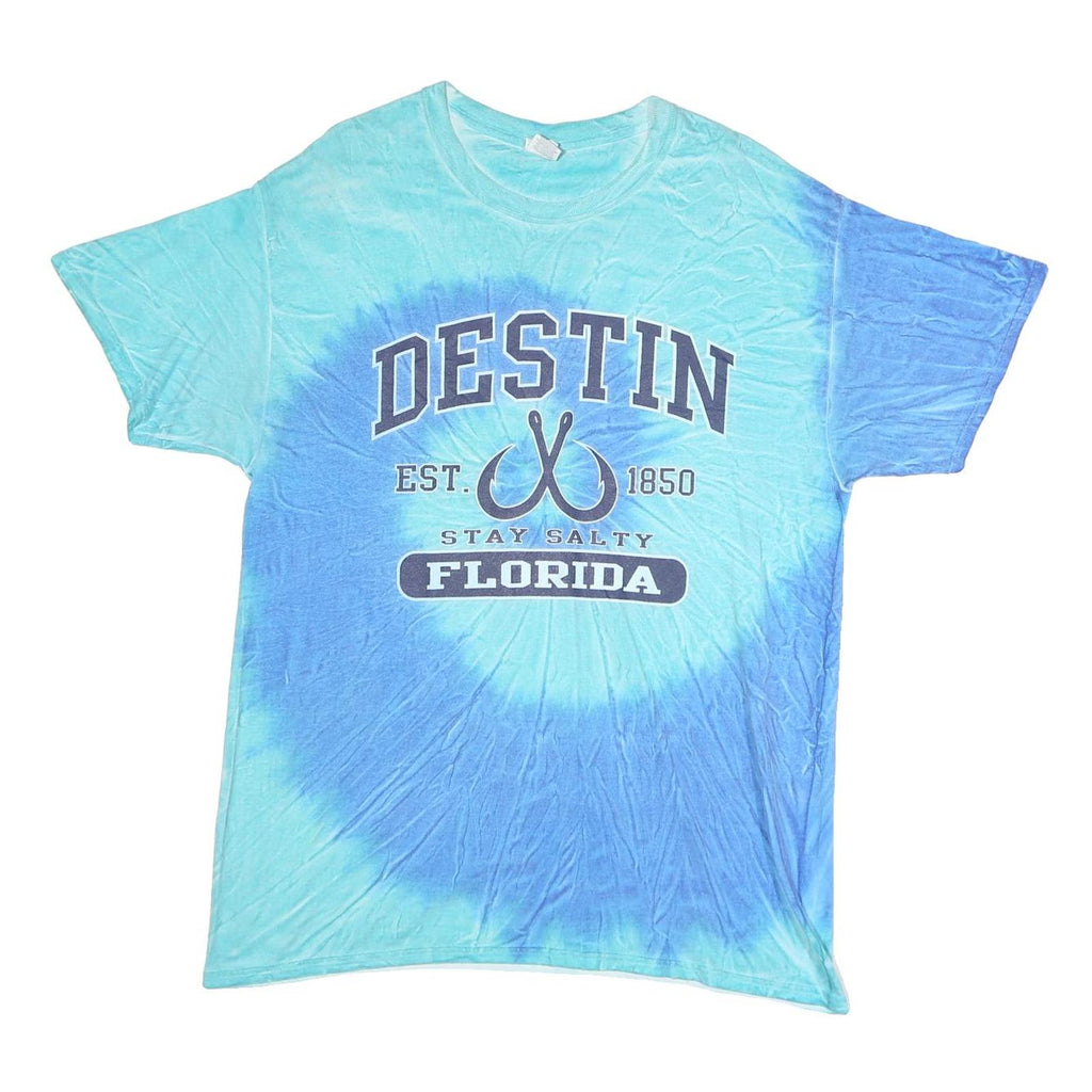GILDAN Mens Blue Tie Dye Destin Florida Graphic T-Shirt L Crew Neck Short Sleeve