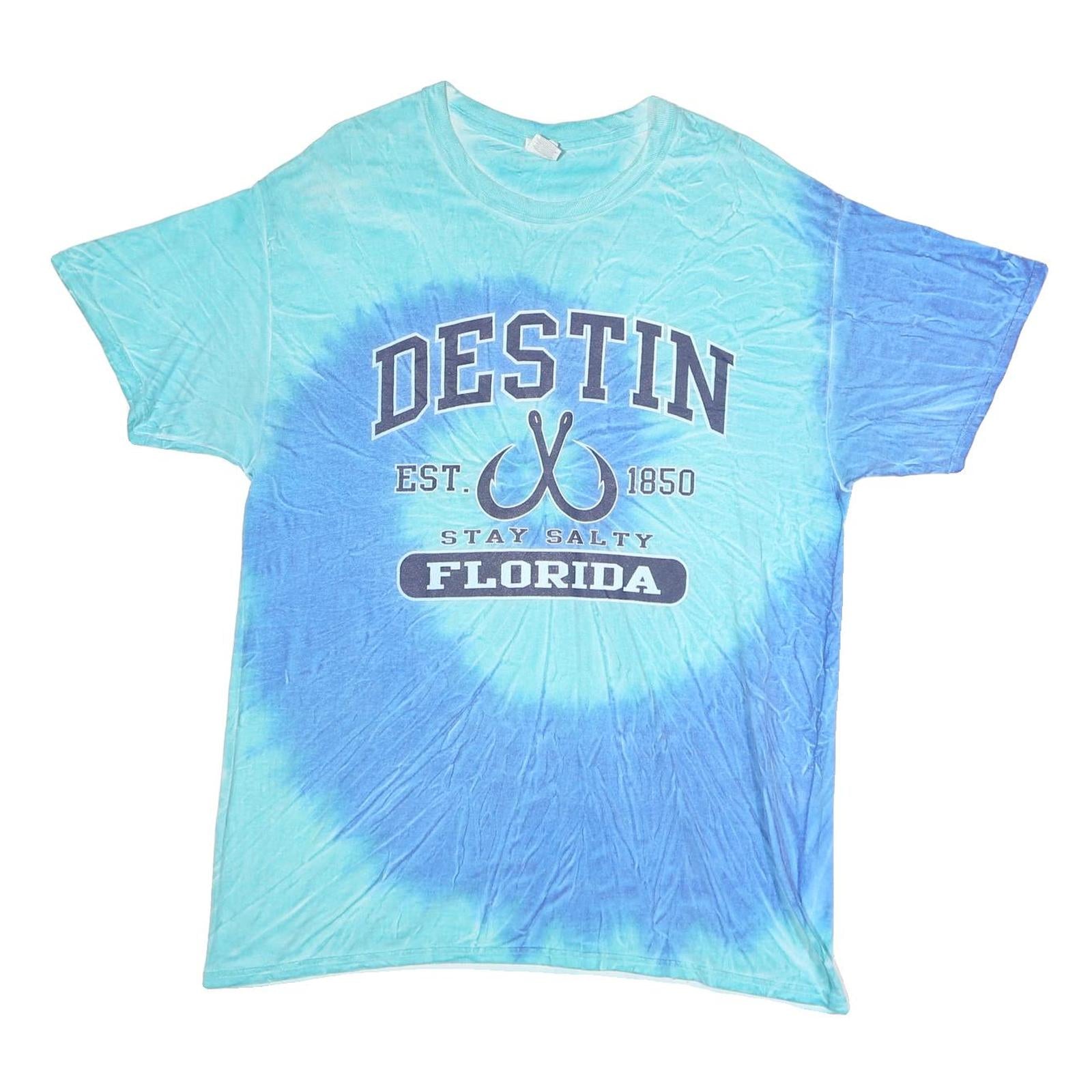 GILDAN Mens Blue Tie Dye Destin Florida Graphic T-Shirt L Crew Neck Short Sleeve