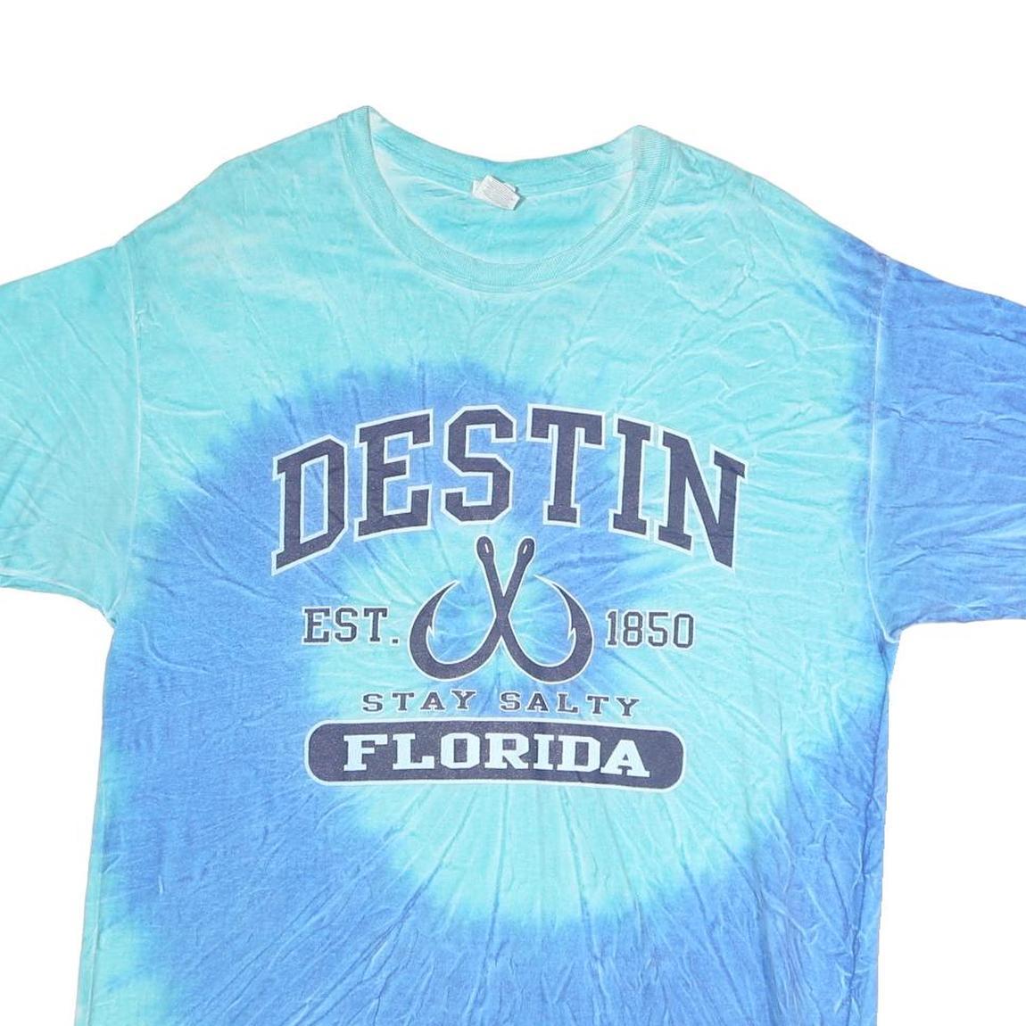 GILDAN Mens Blue Tie Dye Destin Florida Graphic T-Shirt L Crew Neck Short Sleeve