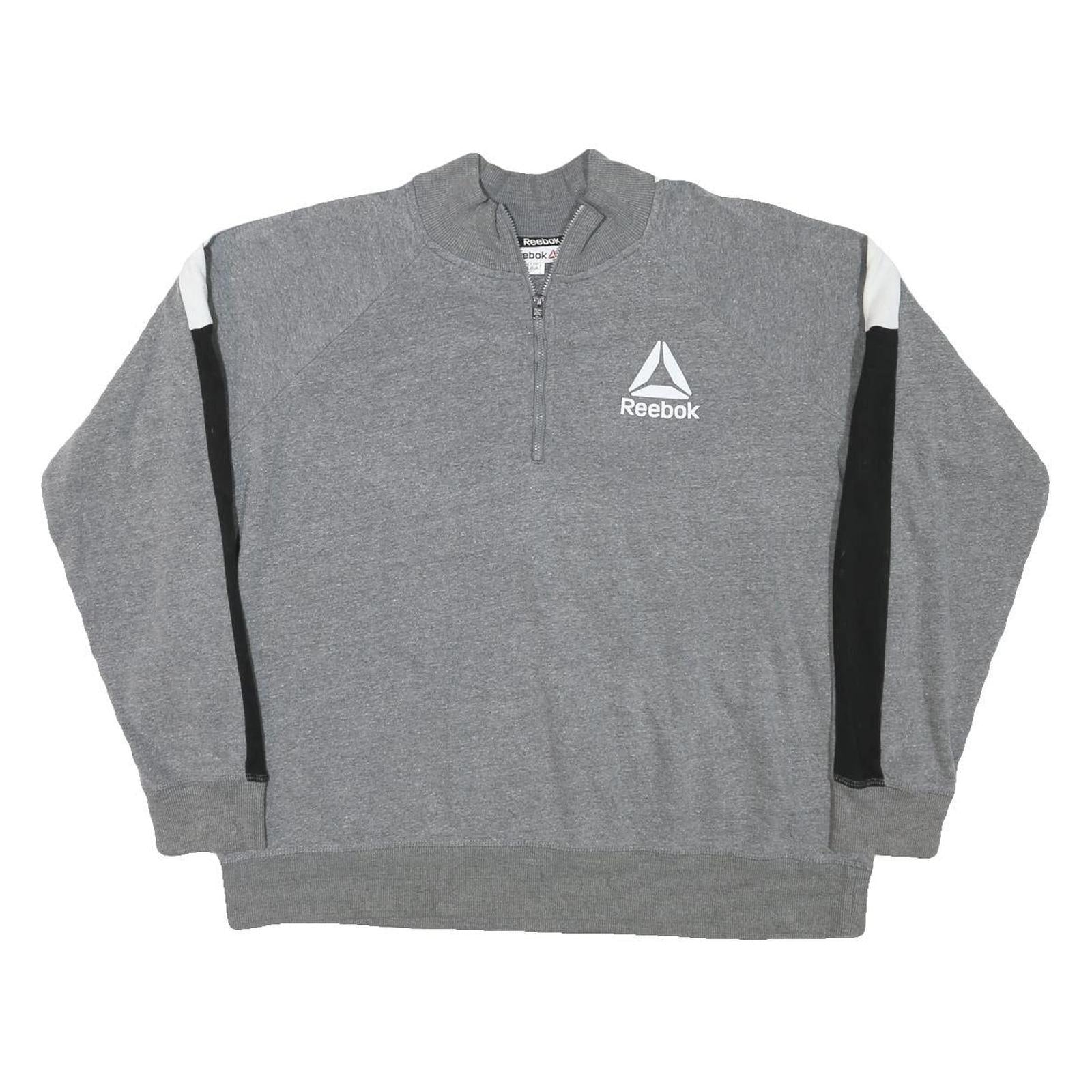 REEBOK Womens Grey & Black 1/4 Zip Sweatshirt L Cotton Blend Casual Sportswear