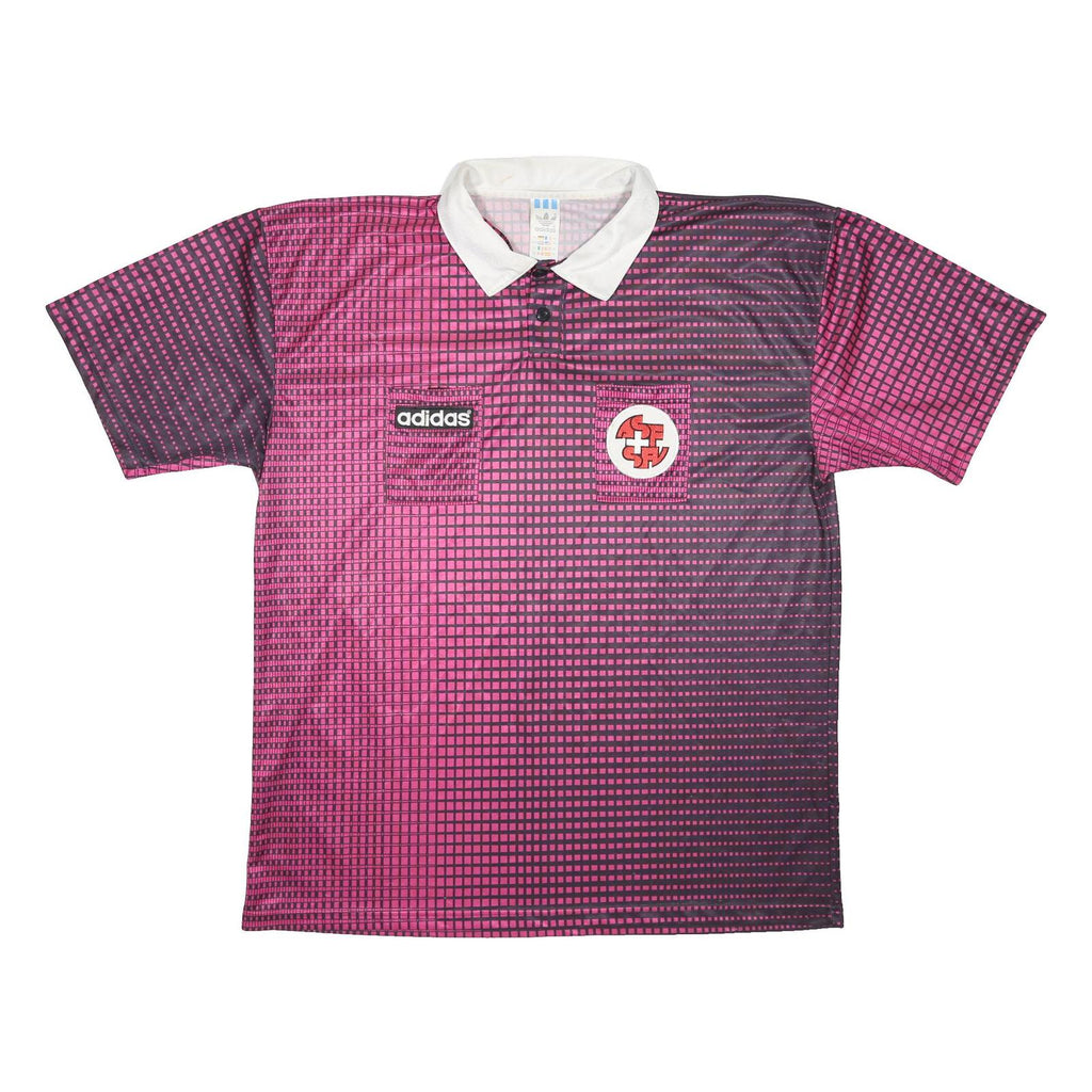ADIDAS Mens Pink Black Graphic T-Shirt XL Short Sleeve Polo Collar Vintage