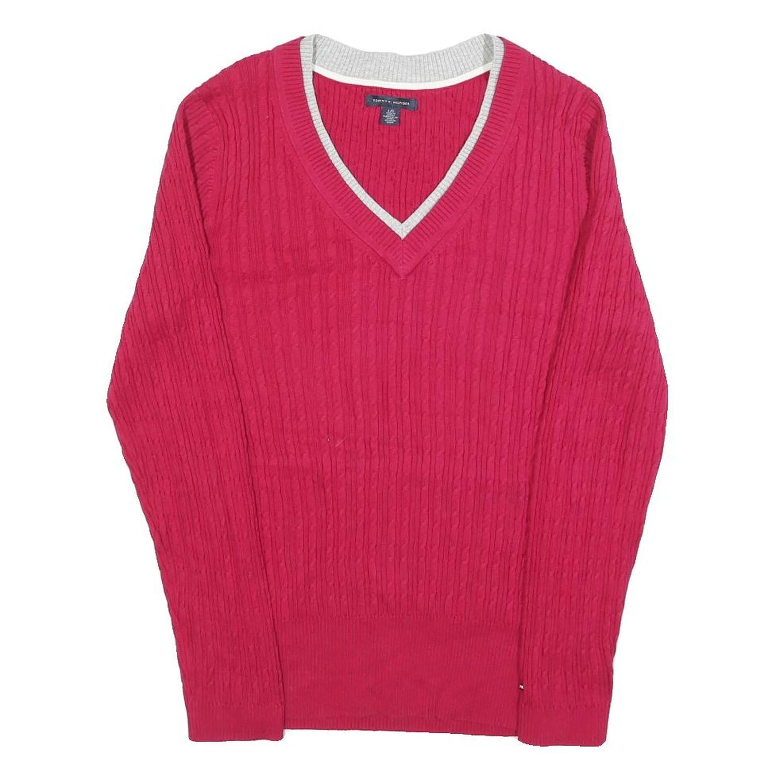 TOMMY HILFIGER Womens Red Patterned V-Neck Chunky Knit Jumper L Cotton Blend