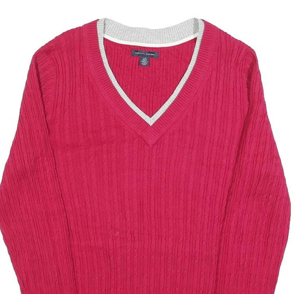 TOMMY HILFIGER Womens Red Patterned V-Neck Chunky Knit Jumper L Cotton Blend