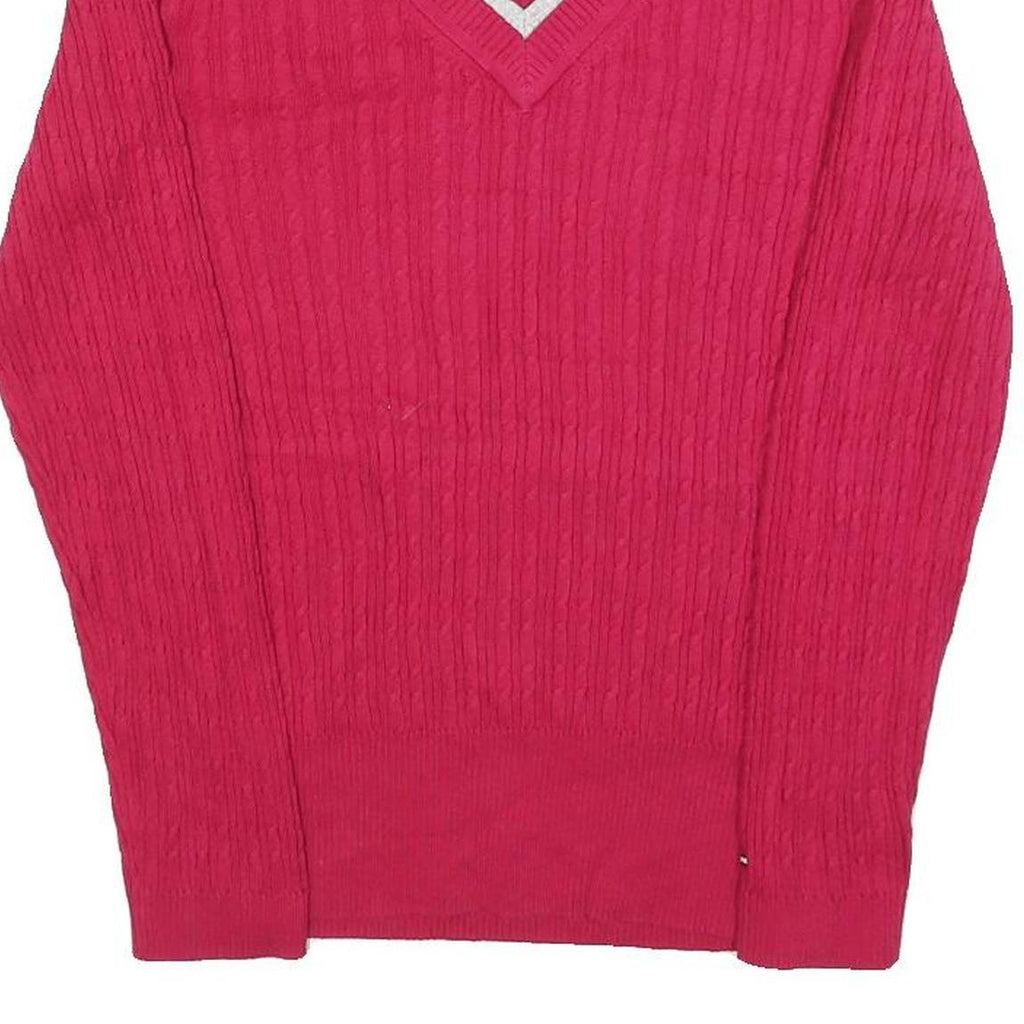 TOMMY HILFIGER Womens Red Patterned V-Neck Chunky Knit Jumper L Cotton Blend