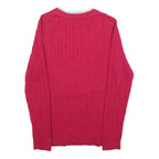 TOMMY HILFIGER Womens Red Patterned V-Neck Chunky Knit Jumper L Cotton Blend