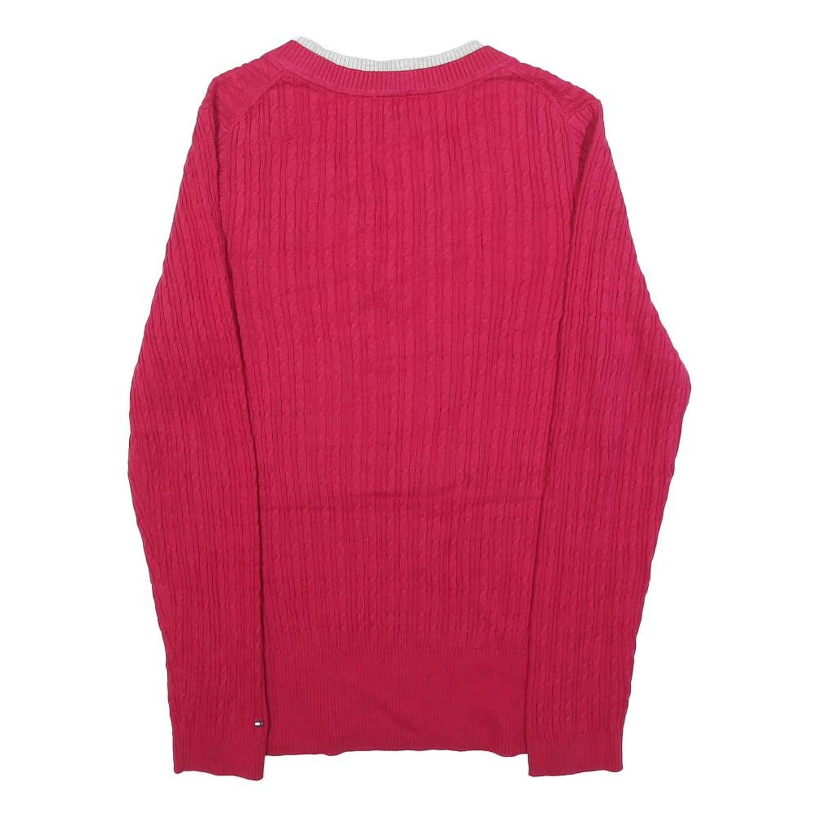 TOMMY HILFIGER Womens Red Patterned V-Neck Chunky Knit Jumper L Cotton Blend