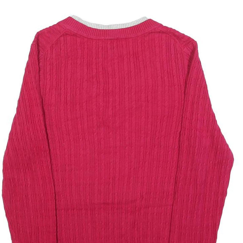 TOMMY HILFIGER Womens Red Patterned V-Neck Chunky Knit Jumper L Cotton Blend