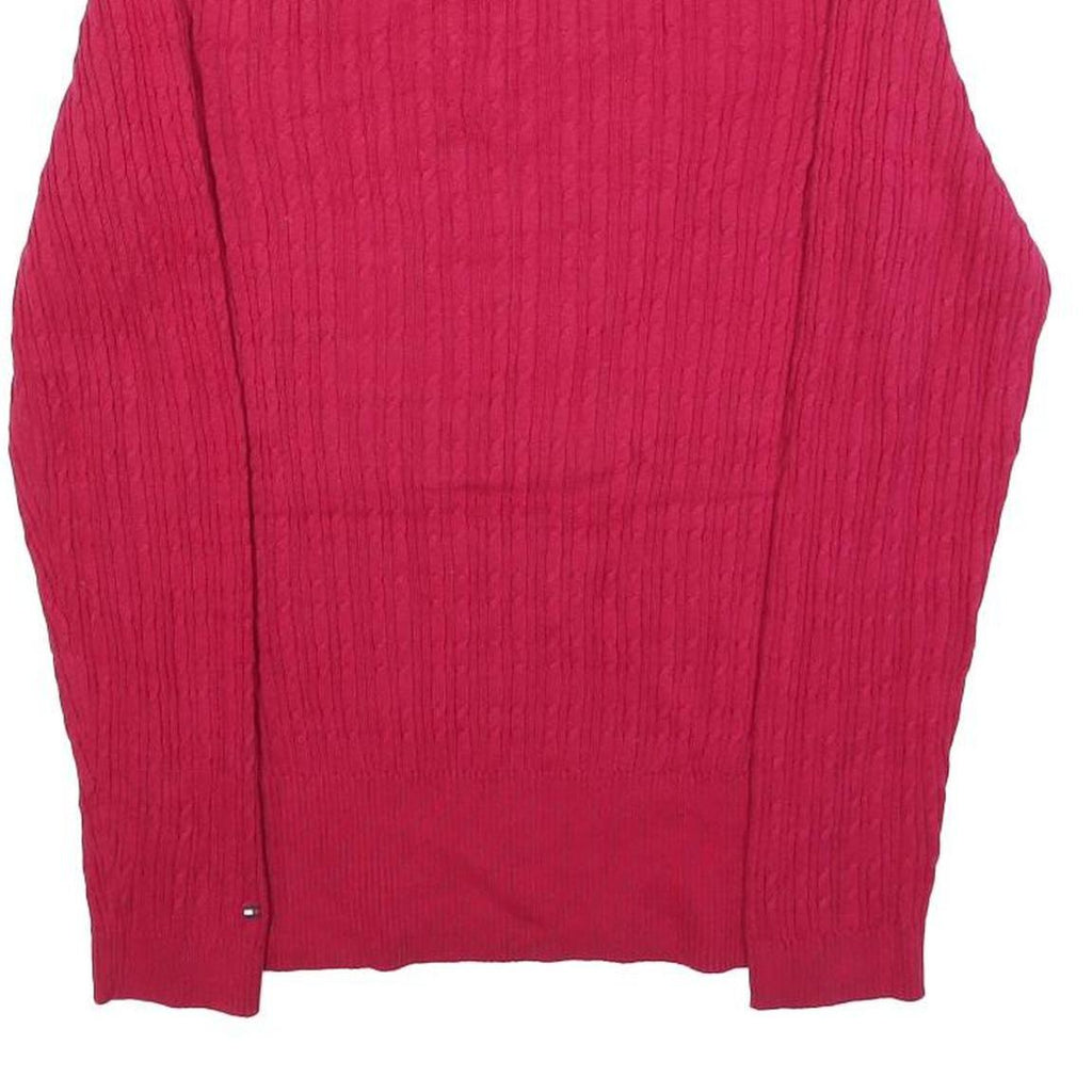 TOMMY HILFIGER Womens Red Patterned V-Neck Chunky Knit Jumper L Cotton Blend