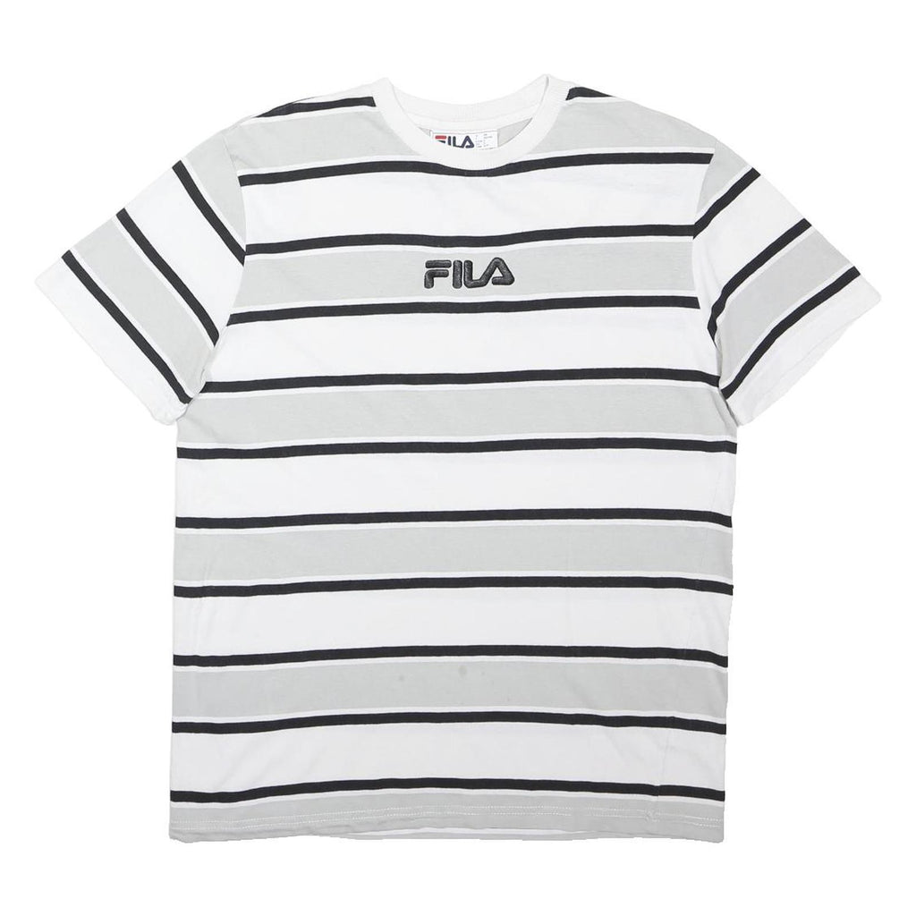 FILA Mens White & Grey Striped Cotton Blend Short Sleeve Crew Neck Top S Casual