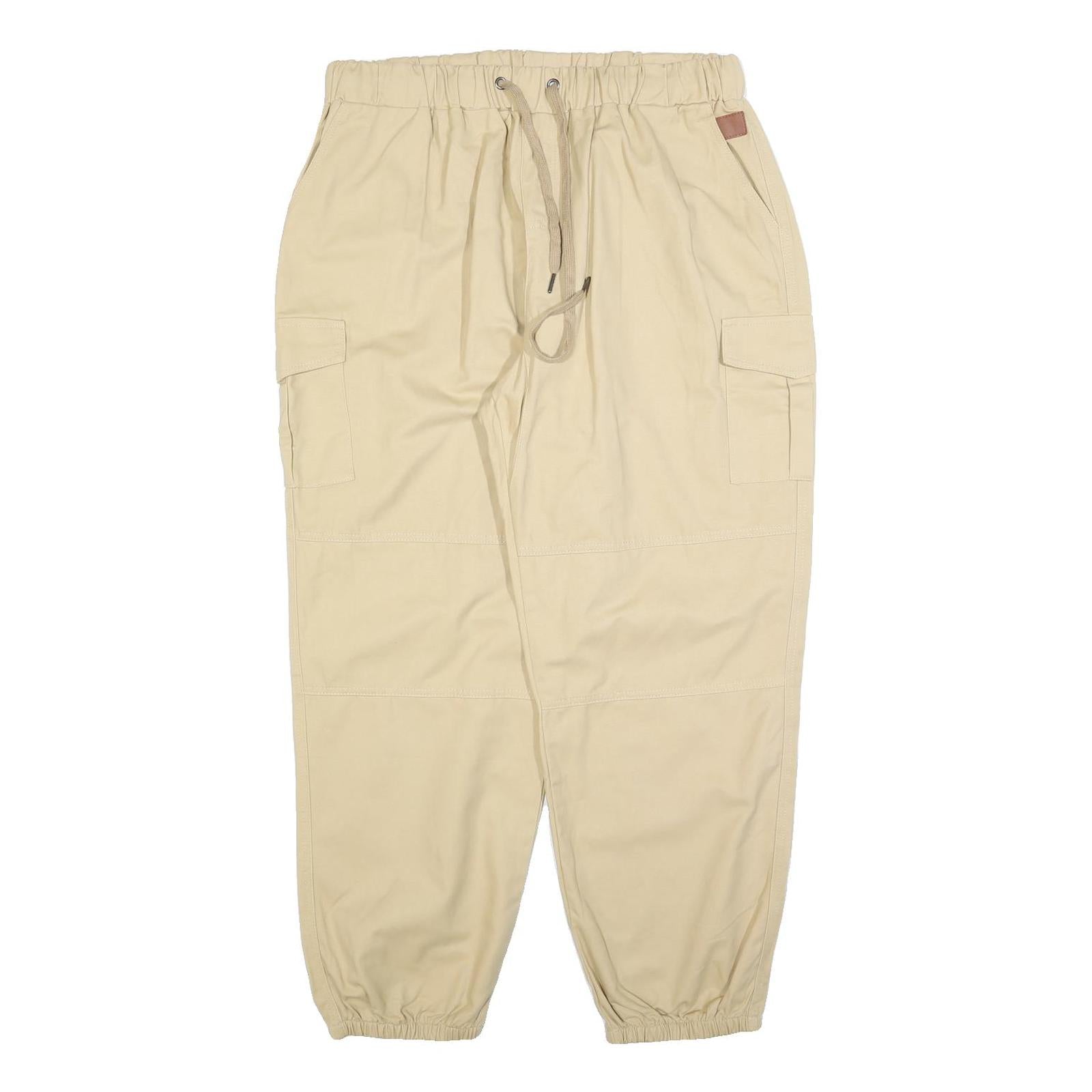 SOMTHRON Mens Regular Beige Cotton Blend Drawstring Cargo Trousers W34 L30