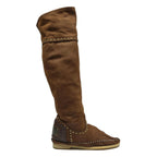 KARMA OF CHARME Womens Tan Leather Flat Over The Knee Boots UK 4 Studded Trim