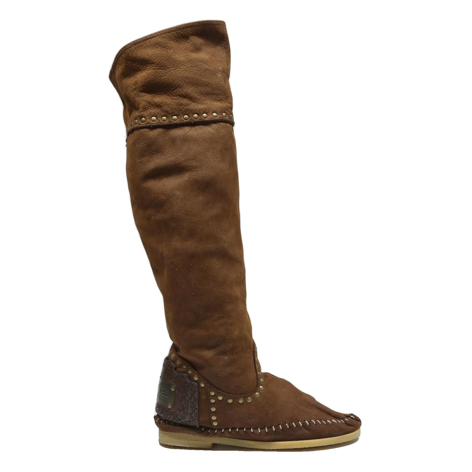 KARMA OF CHARME Womens Tan Leather Flat Over The Knee Boots UK 4 Studded Trim