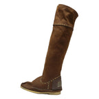 KARMA OF CHARME Womens Tan Leather Flat Over The Knee Boots UK 4 Studded Trim