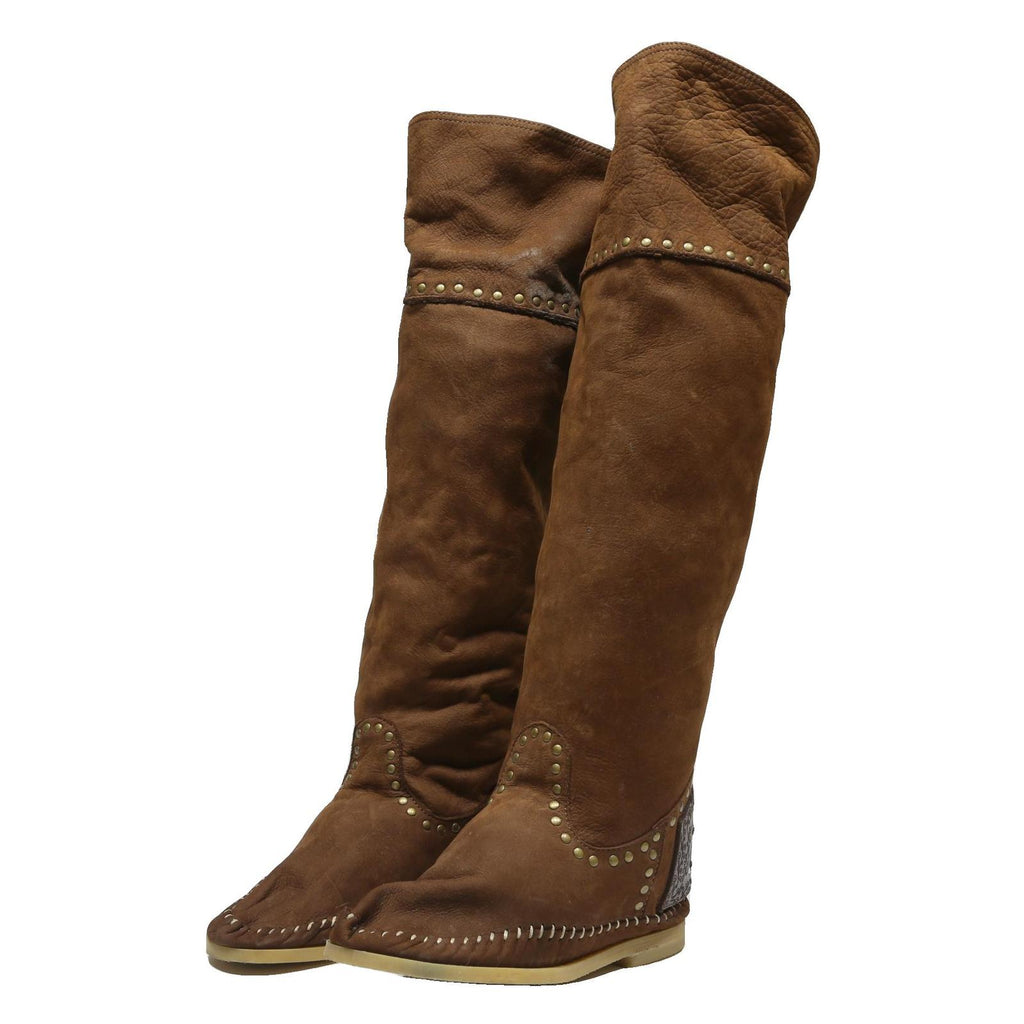 KARMA OF CHARME Womens Tan Leather Flat Over The Knee Boots UK 4 Studded Trim
