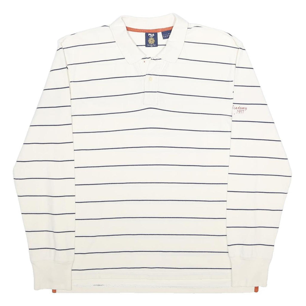 FILA Mens White & Navy Striped Long Sleeve Polo Shirt XL Classic Cotton