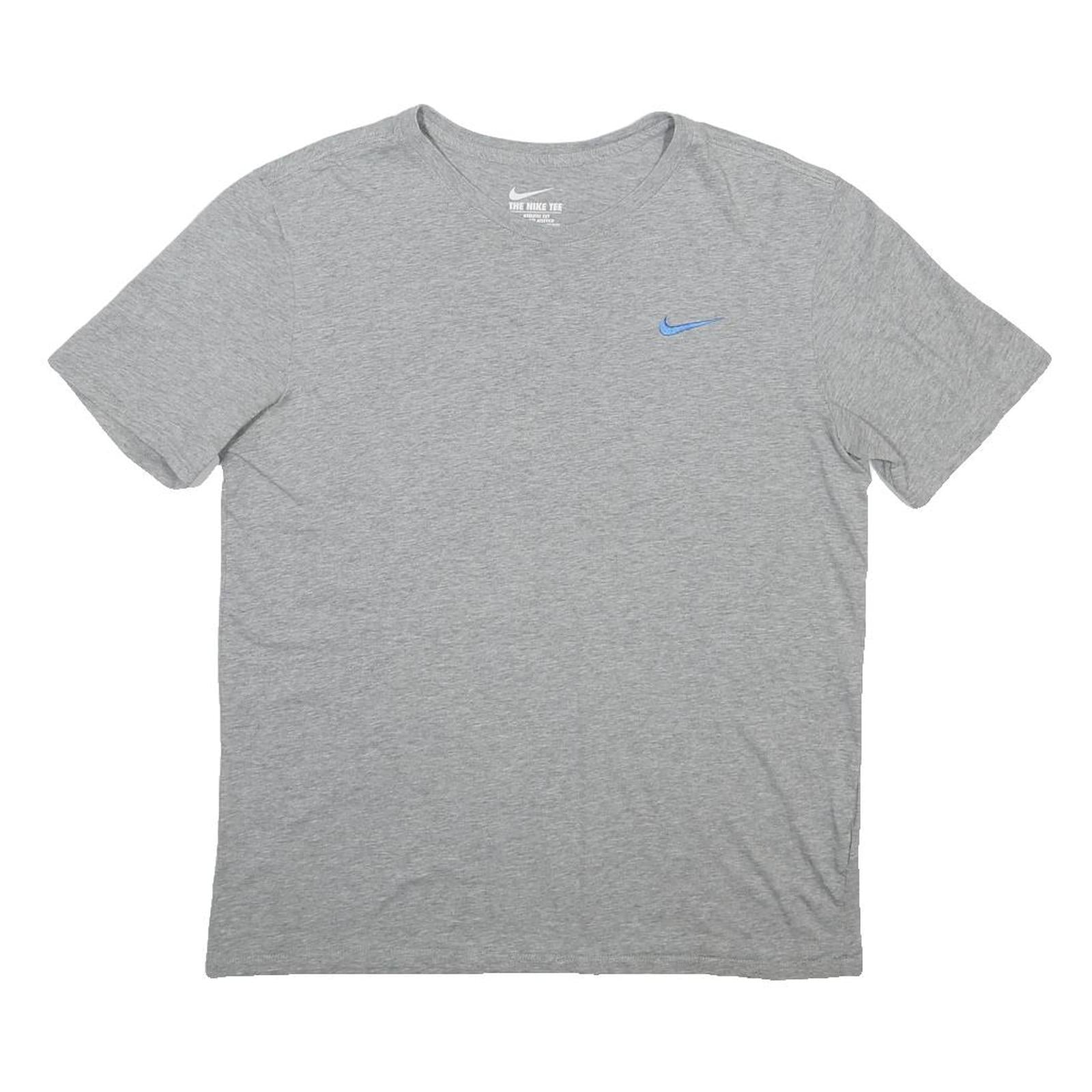 NIKE Mens Grey Blue Swoosh Casual T-Shirt L Short Sleeve Crew Neck Cotton Blend