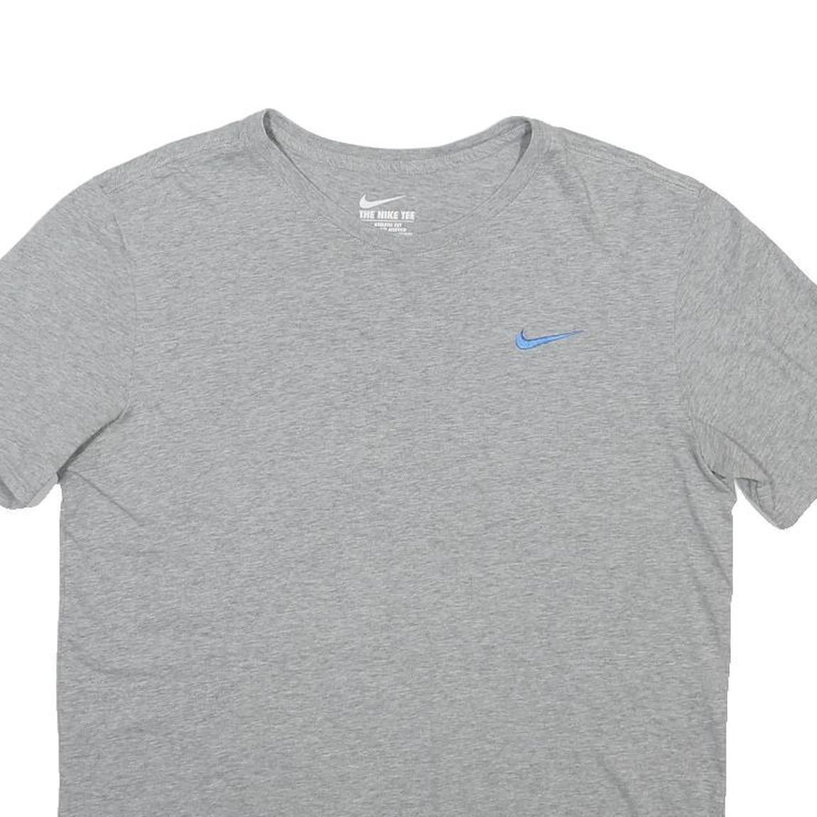 NIKE Mens Grey Blue Swoosh Casual T-Shirt L Short Sleeve Crew Neck Cotton Blend