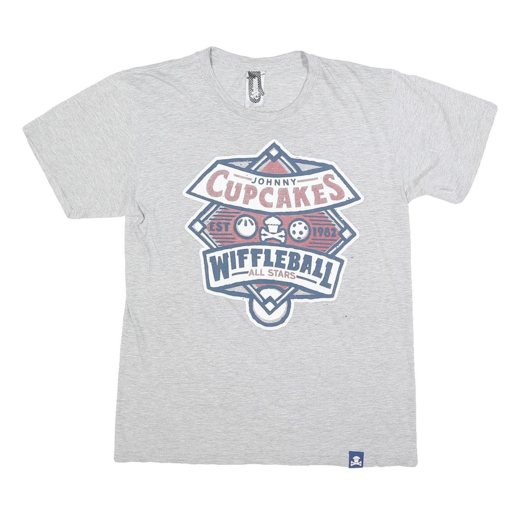 JOHNNY CUPCAKES Mens Grey & Navy Wiffleball Graphic T-Shirt M Short Sleeve Crew