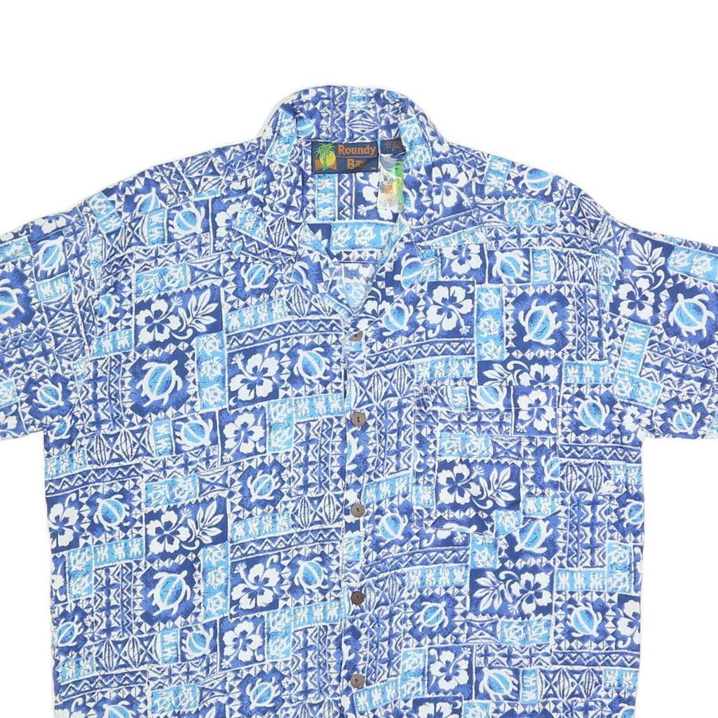 ROUNDY BAY Mens Blue & Light Blue Hawaiian Shirt S Cotton Blend Summer Beachwear