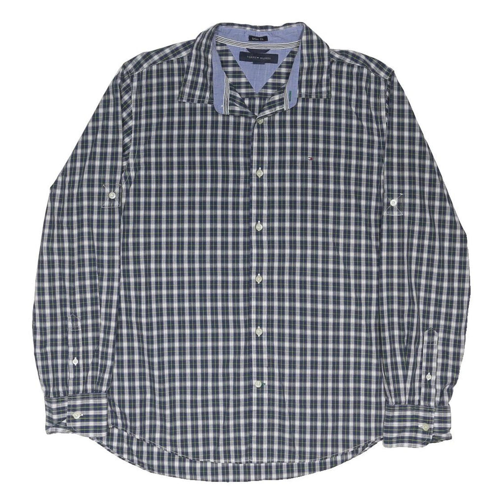 TOMMY HILFIGER Mens Blue & White Check Shirt L Cotton Blend Button Collar