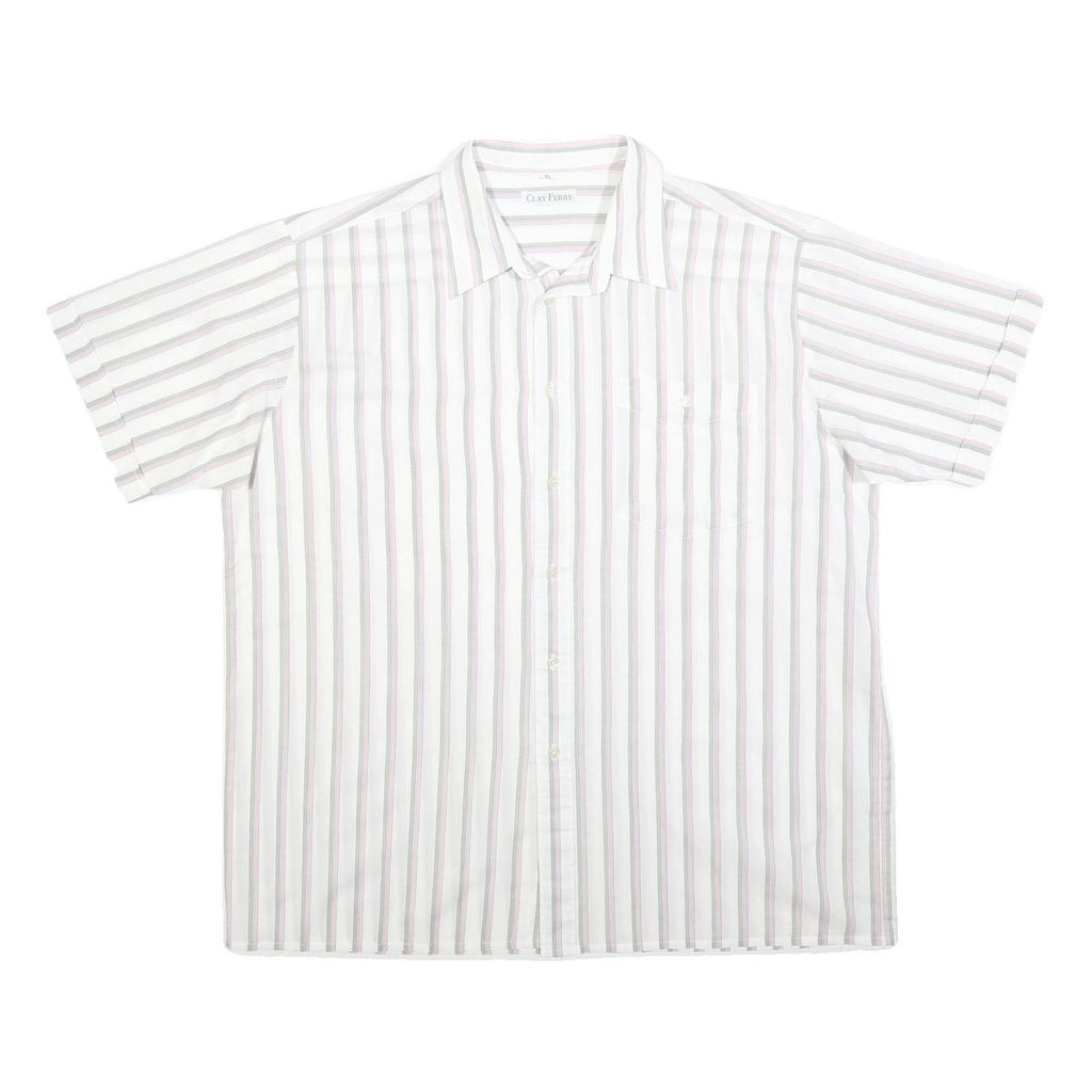 CLAY FERRY Mens White & Grey Striped Shirt XL Cotton Blend Short Sleeve Button