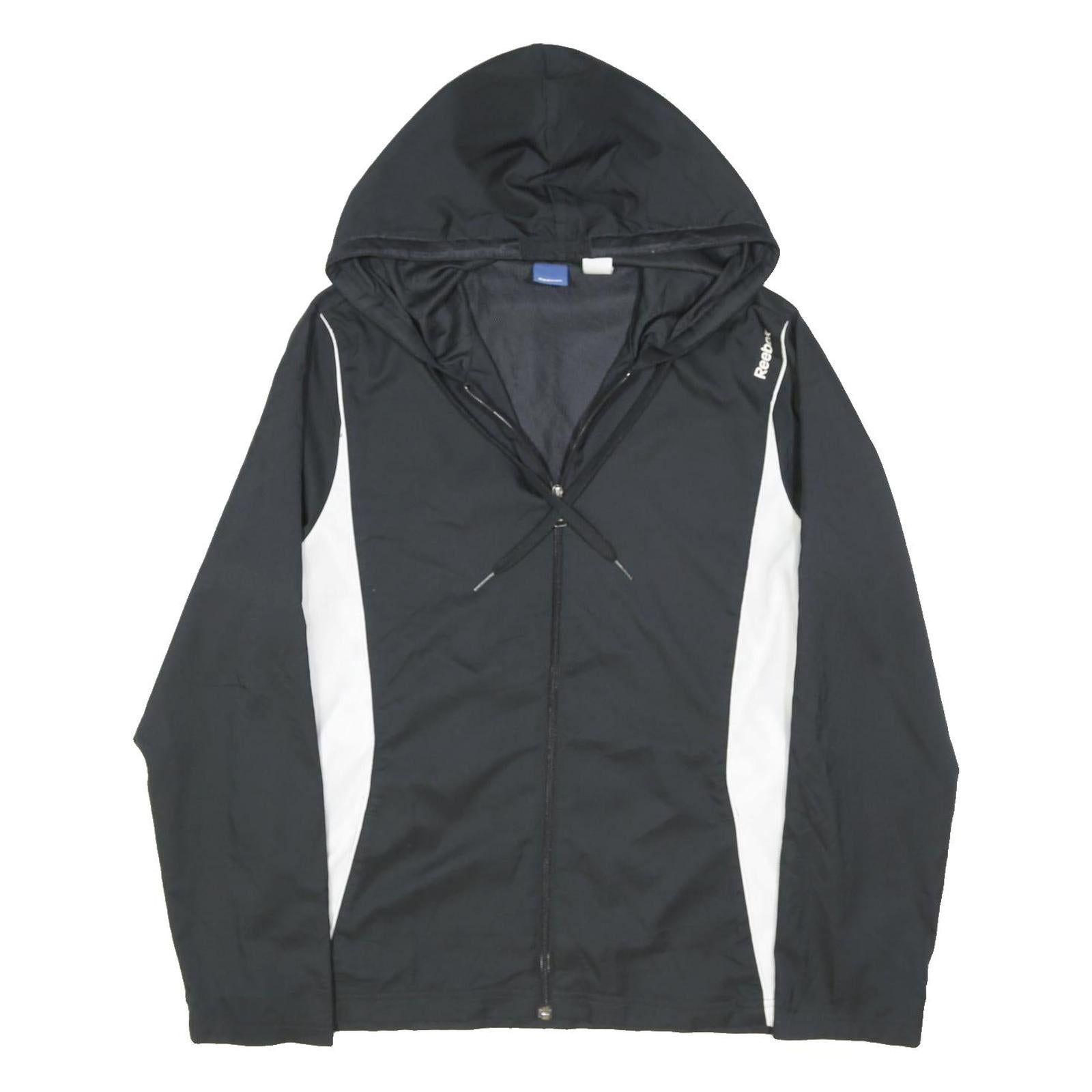 REEBOK Mens Black & White Hooded Zip Jacket M Polyester Sportswear Casual