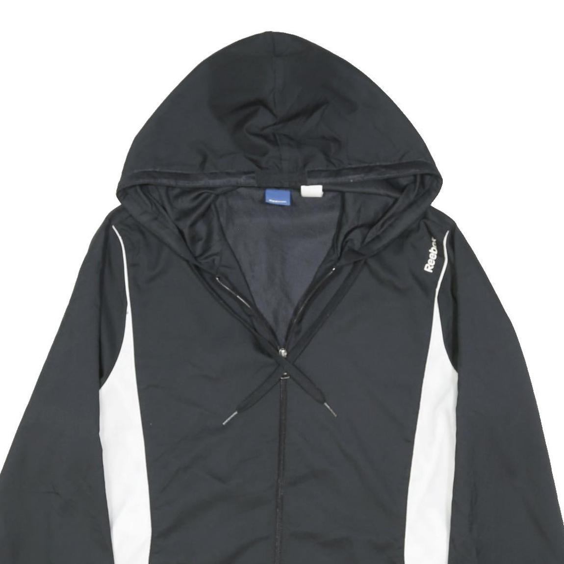 REEBOK Mens Black & White Hooded Zip Jacket M Polyester Sportswear Casual