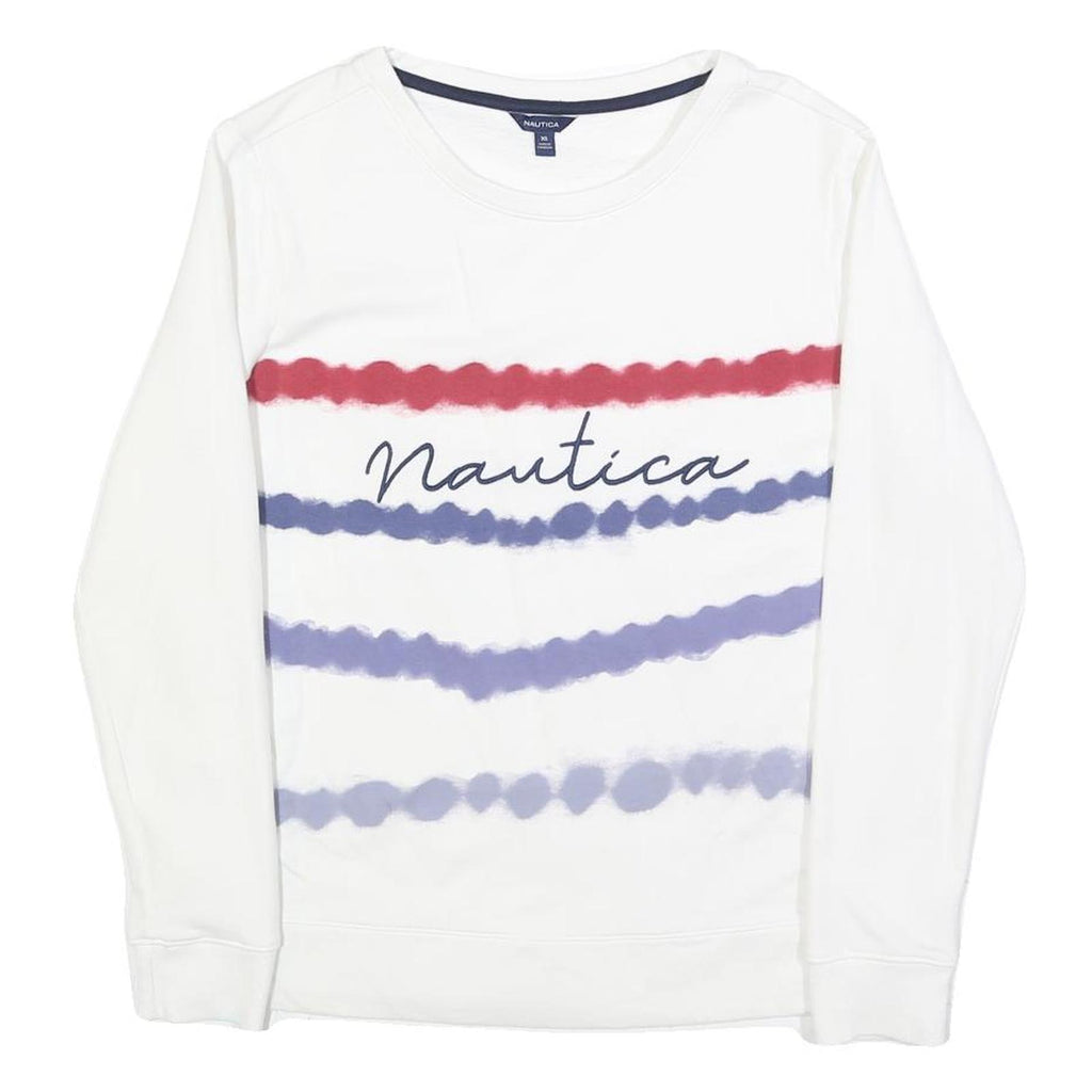 NAUTICA Womens White Crew Neck XS Cotton Blend Pullover Sweatshirt Red Blue