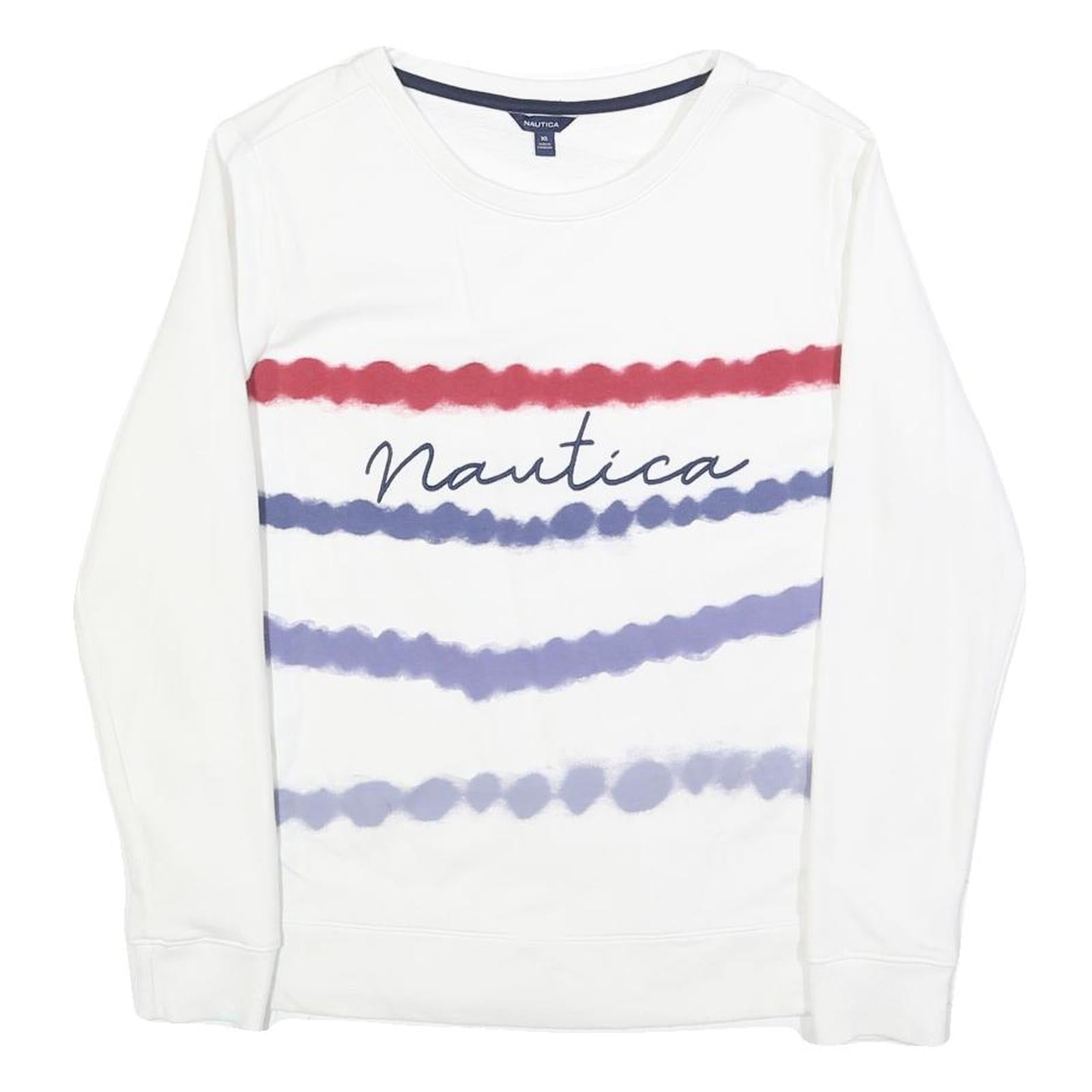 NAUTICA Womens White Crew Neck XS Cotton Blend Pullover Sweatshirt Red Blue