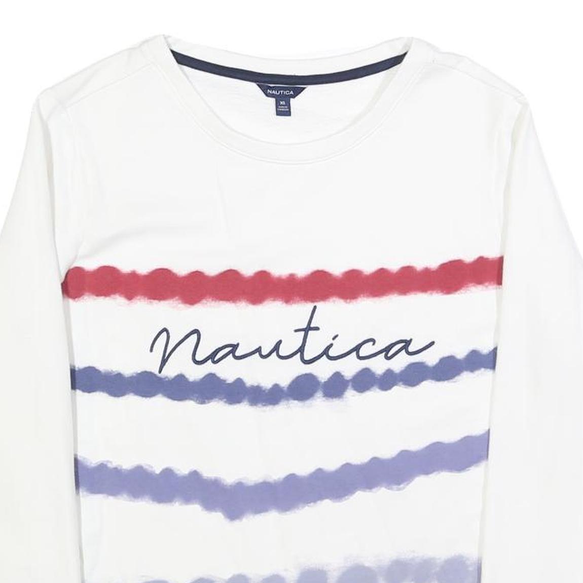 NAUTICA Womens White Crew Neck XS Cotton Blend Pullover Sweatshirt Red Blue